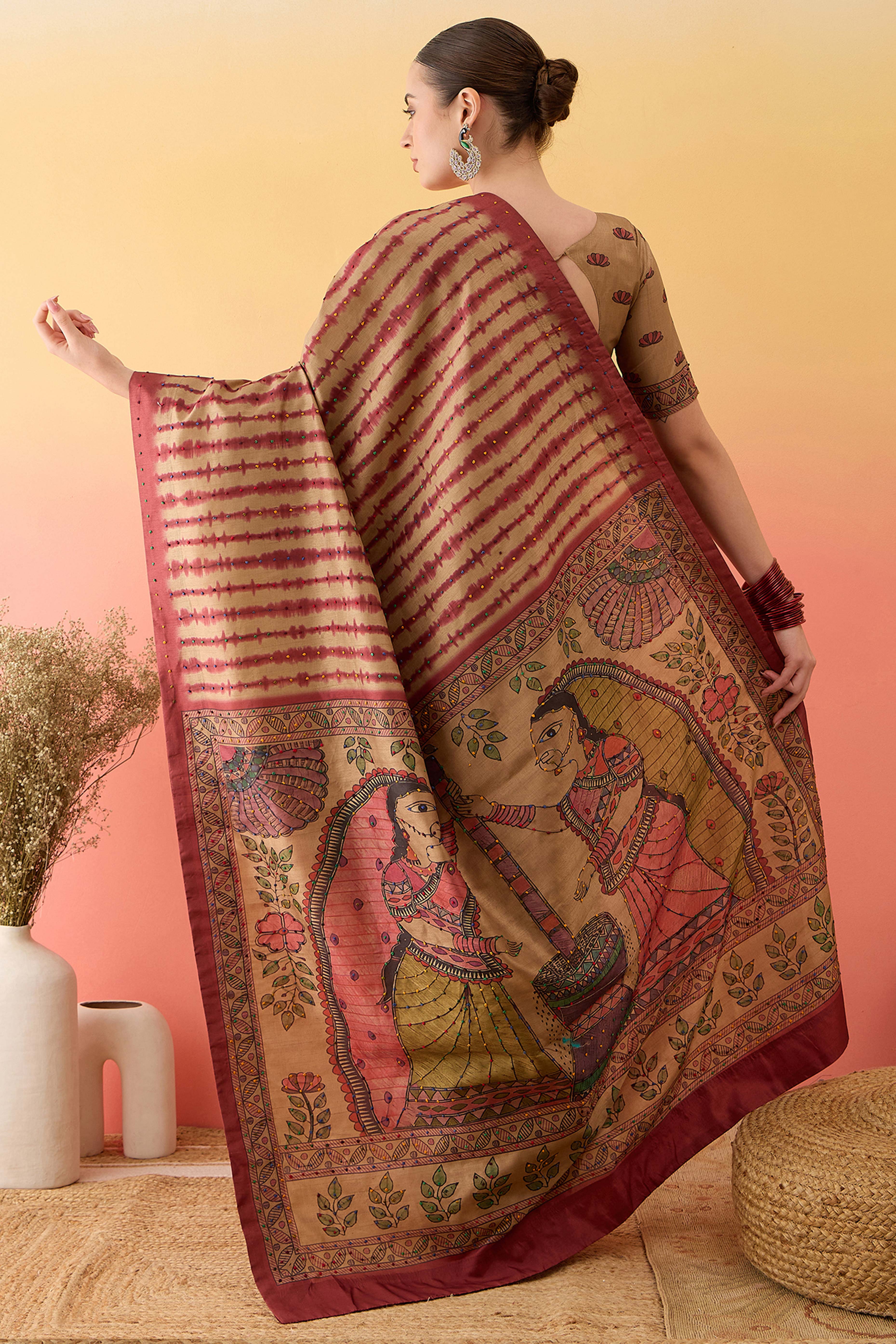 Beige Kalamkari Style Cotton Silk Saree Flowy Drape Knot Tassels Festive Wear - Image 6