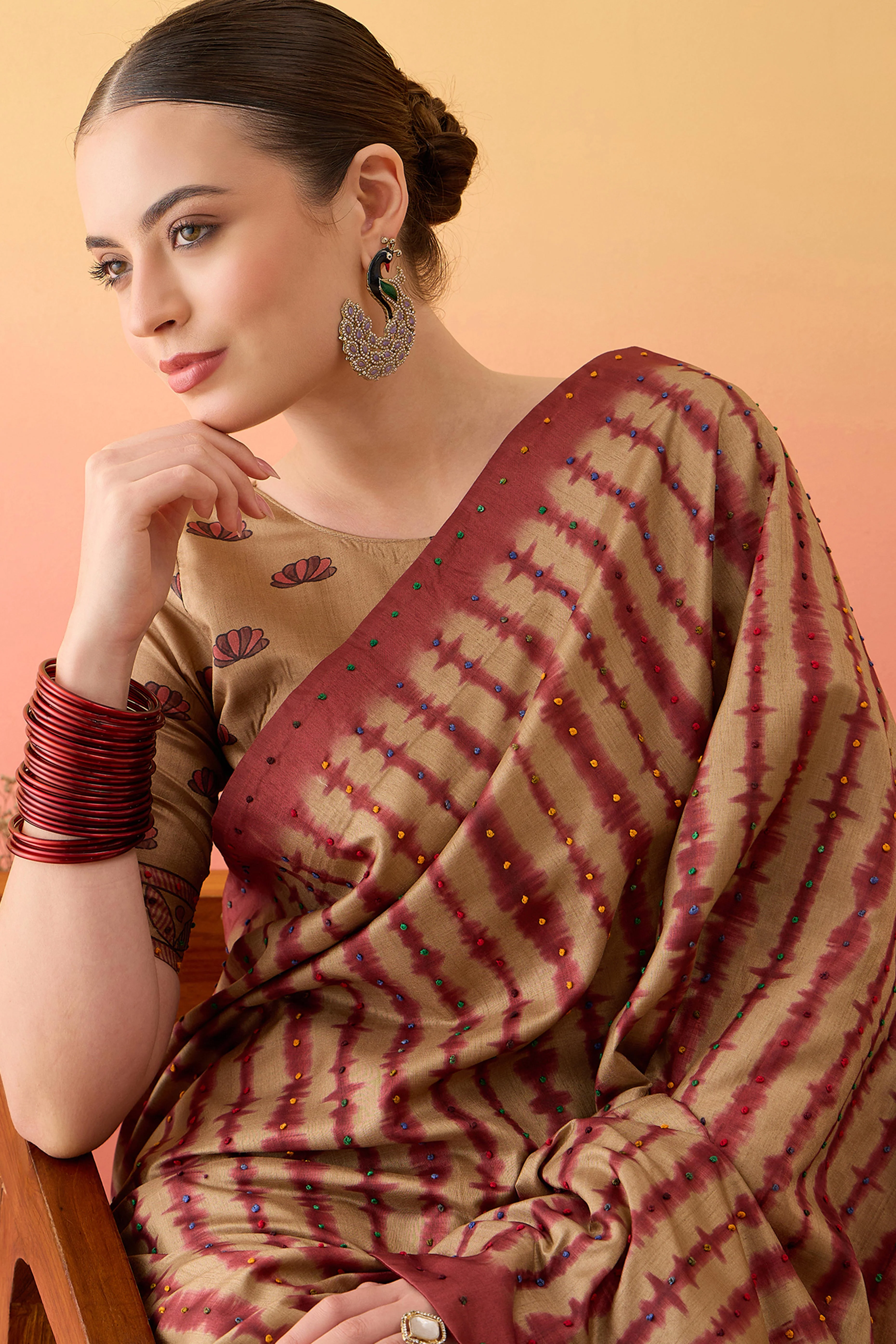 Beige Kalamkari Style Cotton Silk Saree Flowy Drape Knot Tassels Festive Wear - Image 7
