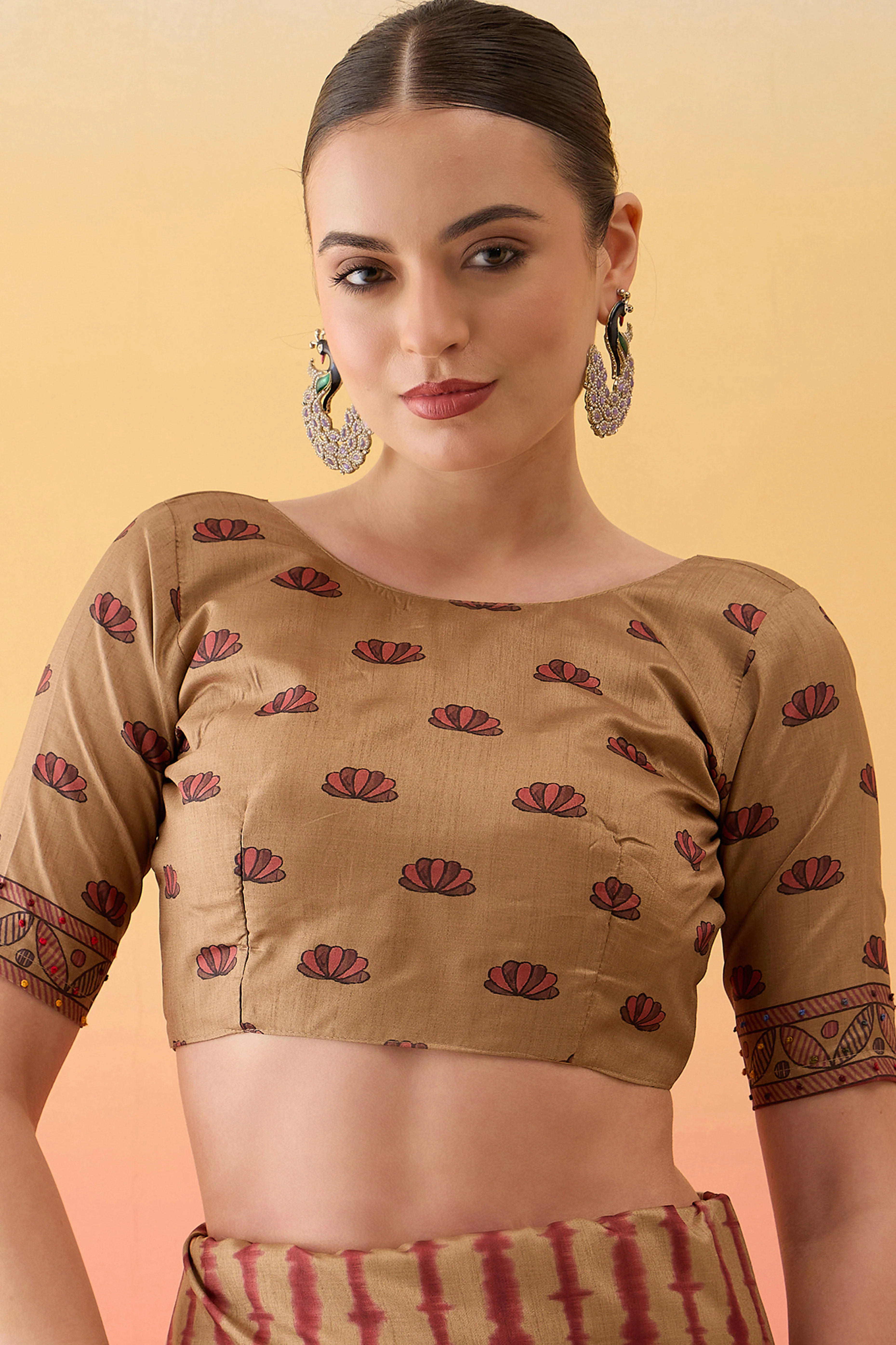 Beige Kalamkari Style Cotton Silk Saree Flowy Drape Knot Tassels Festive Wear - Image 8