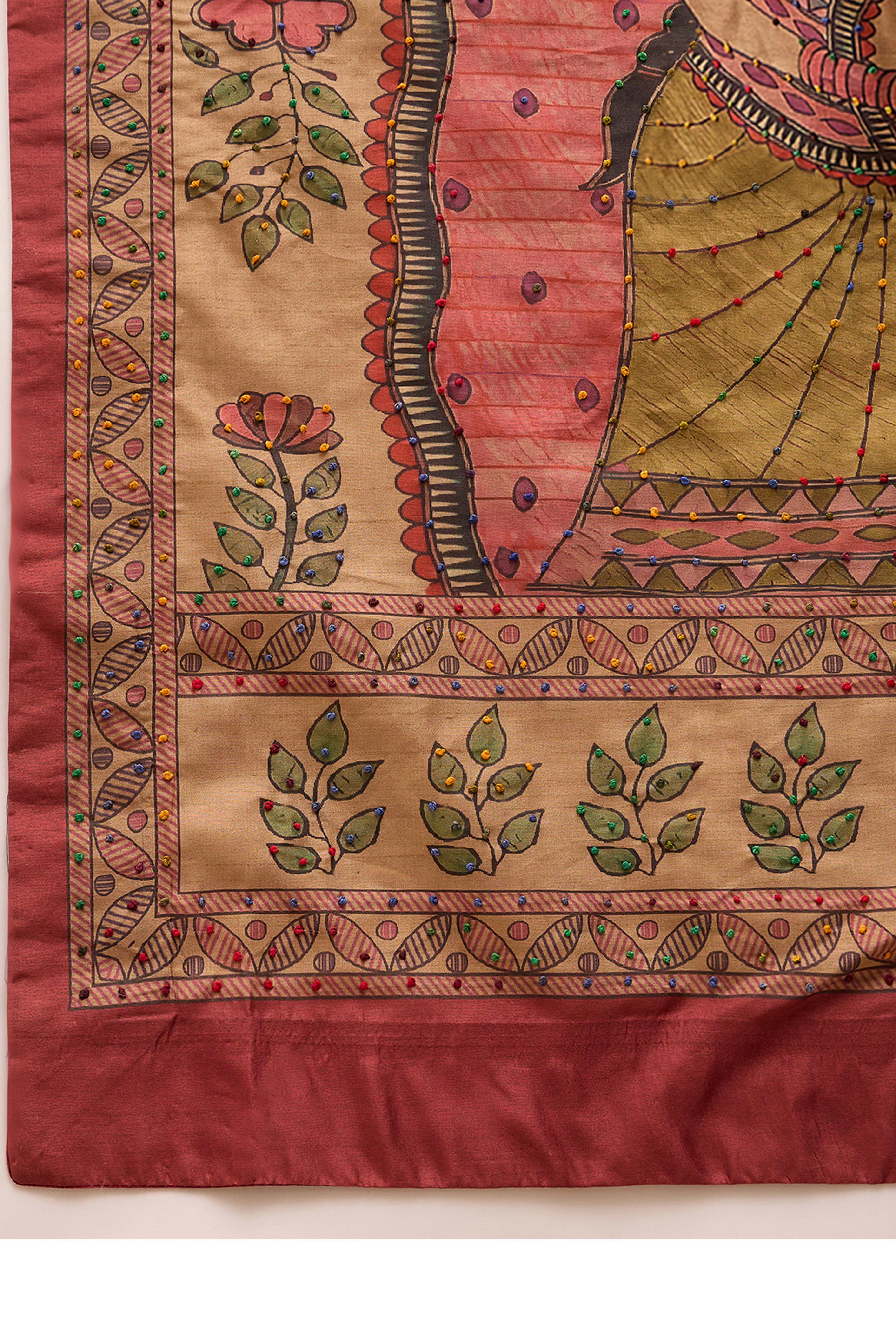 Beige Kalamkari Style Cotton Silk Saree Flowy Drape Knot Tassels Festive Wear - Image 9