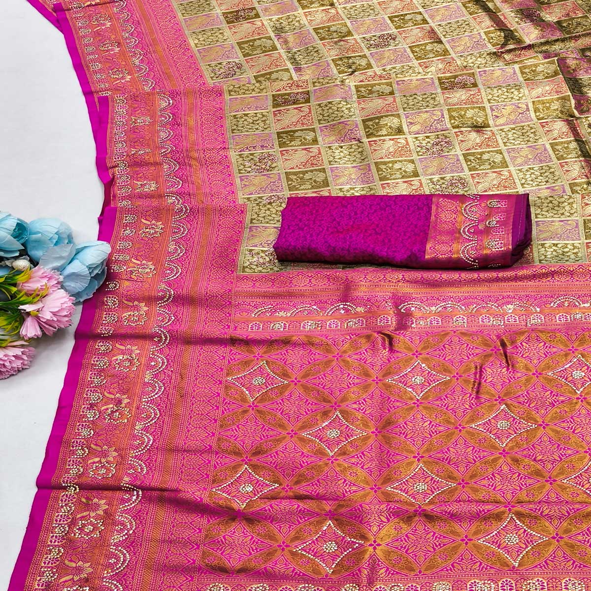 Beige Lightweight Cotton Silk Saree Highlighted with Intricate Woven Patterns and Swarovski Sparkle - Image 2