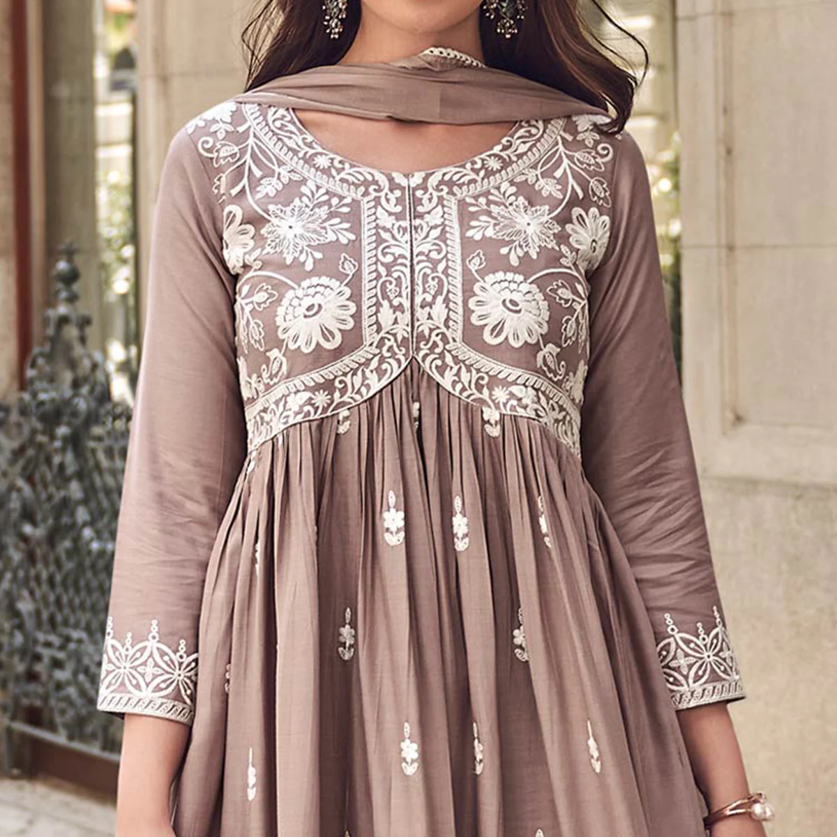 Beige Lucknowi Embroidered Rayon Palazzo Suit - Image 3