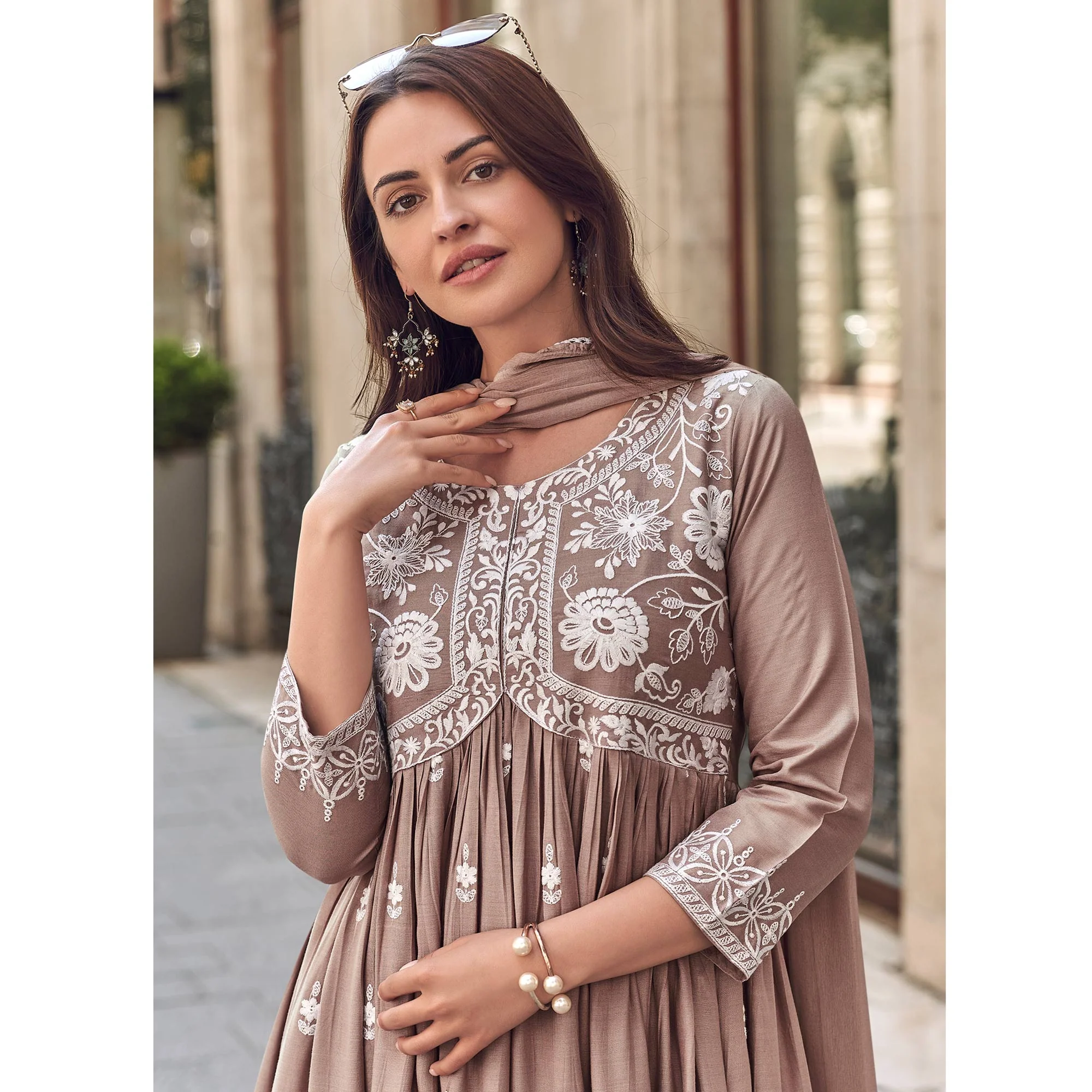 Beige Lucknowi Embroidered Rayon Palazzo Suit - Image 4