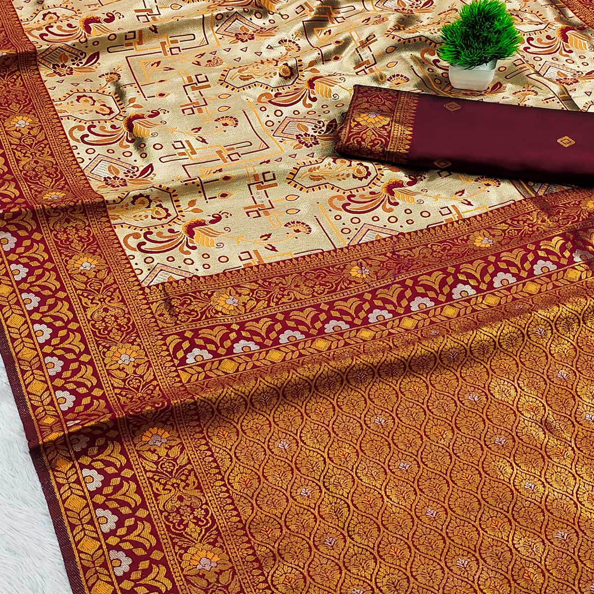 Beige & Maroon Handloom Kanjivaram Silk Saree Featuring Kalamkari-Style Floral Weaves - Image 2