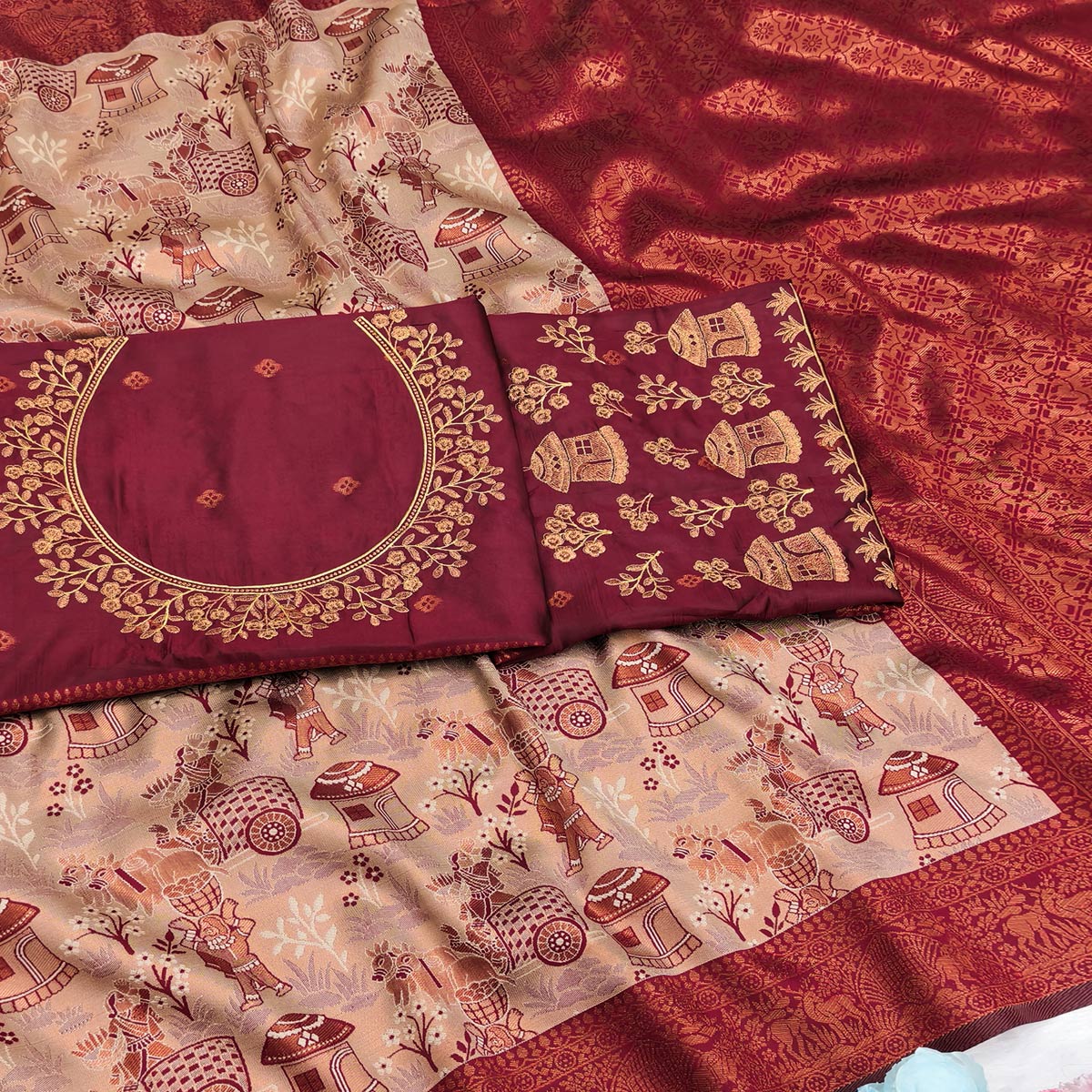 Beige & Maroon Tissue Silk Saree Adorned with Intricate Zari Weaving for a Rich Festive Look - Image 2