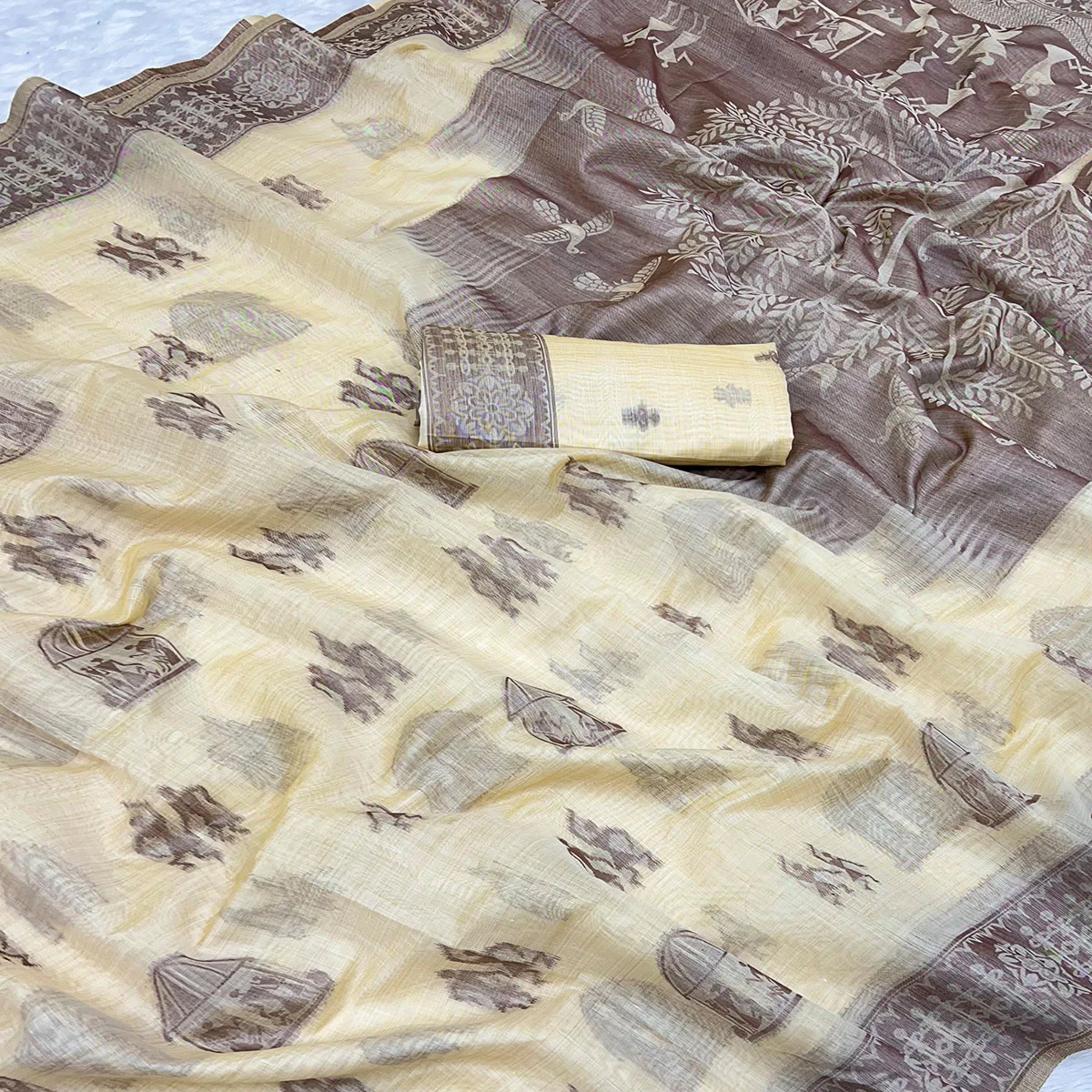 Beige Meenakari Weaving Soft Muga Cotton Saree Designed for Elegant Festive Wear - Image 4