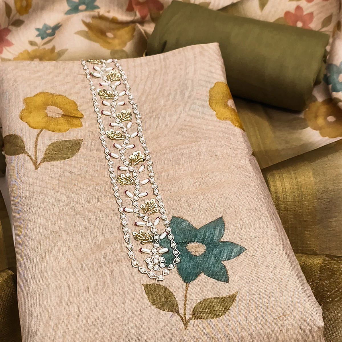 Beige & Mehendi Green Digital Floral Printed Shimmer Dress Material With Pearl & Cutdana Handwork - Image 2