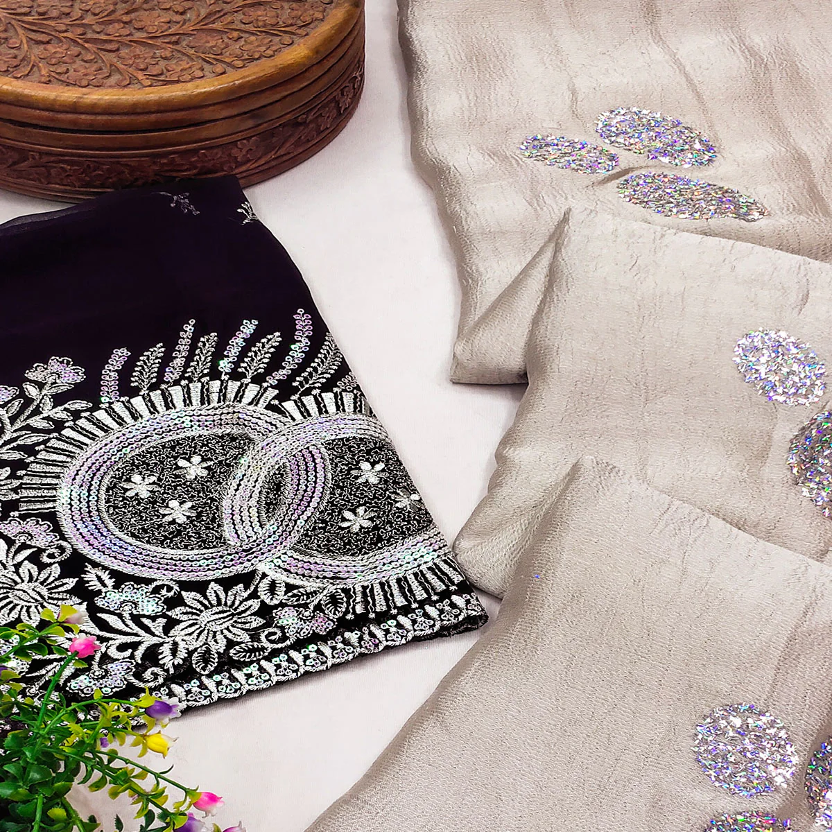 Beige Mirror Work Embroidered Chiffon Saree - Image 2