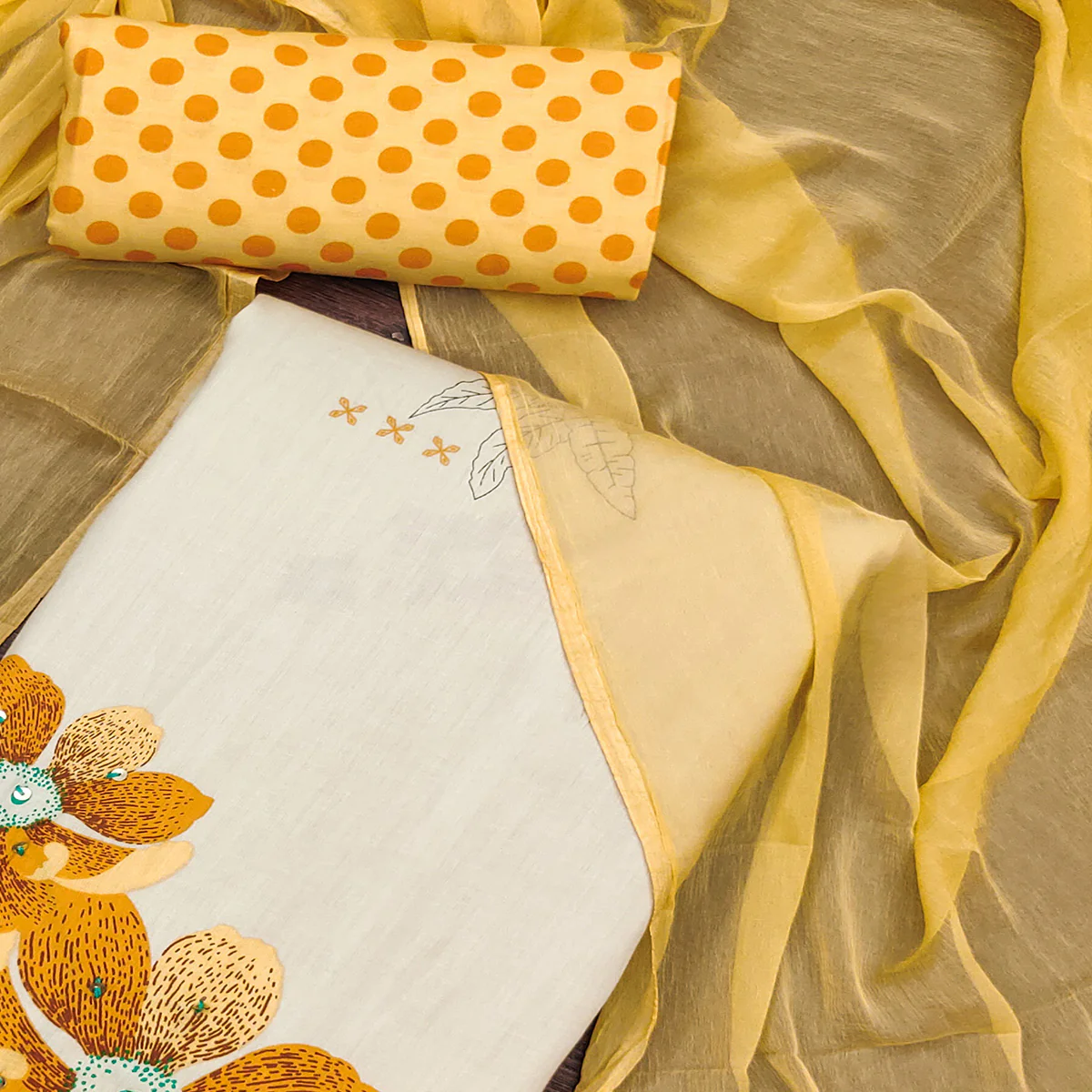 Beige & Mustard Floral Printed Pure Cotton Dress Material - Image 2