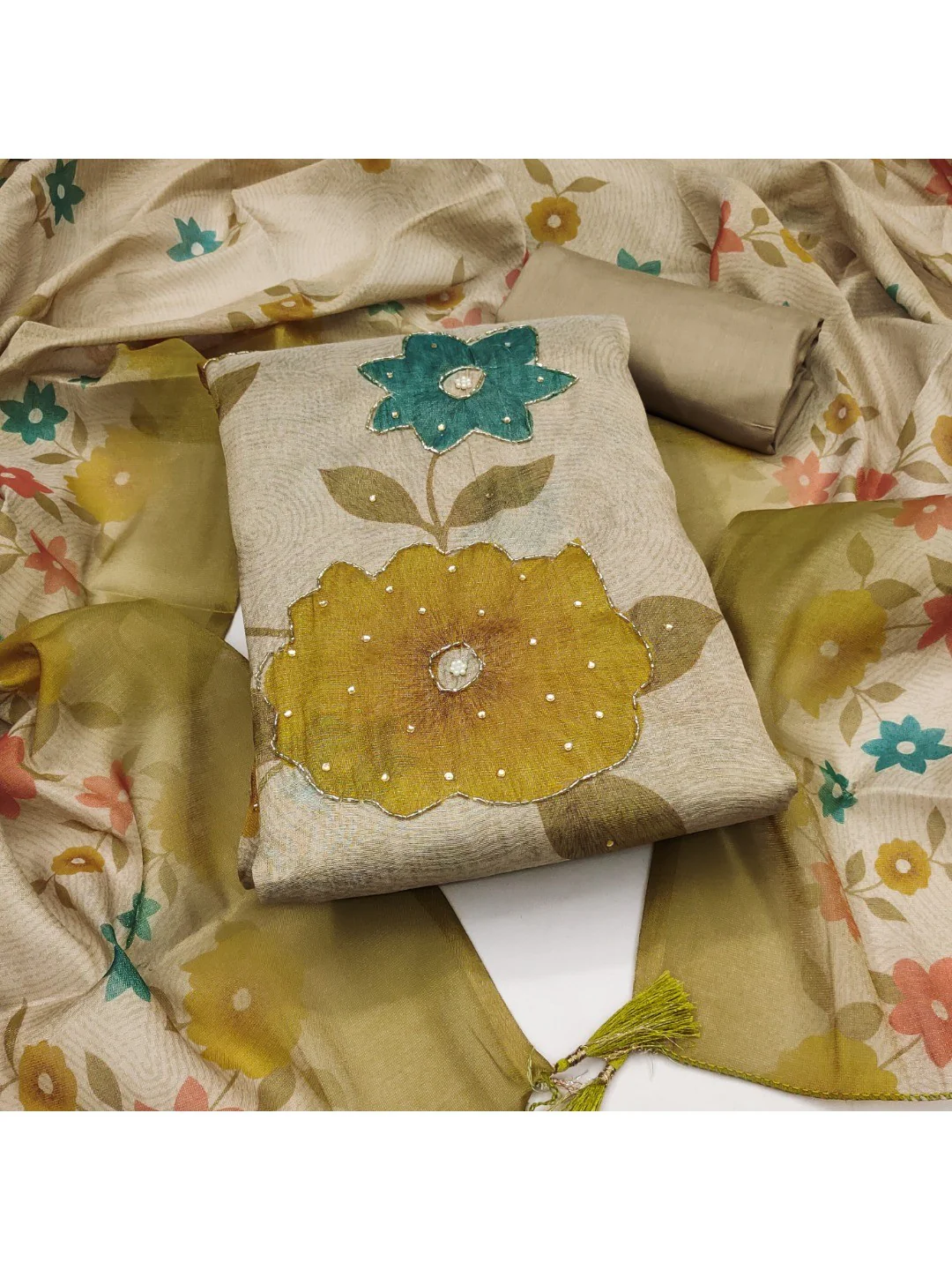 Beige & Mustard Floral Printed Shimmer Dress Material with Dupatta - Image 2