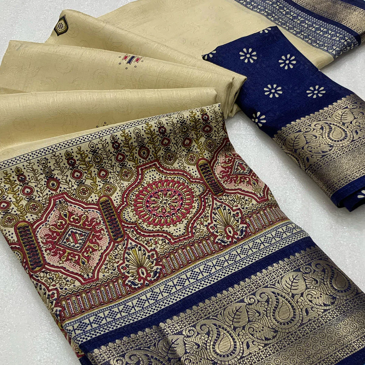 Beige & Navy Blue Printed Cotton Silk Saree With Exquisite Zari Woven Border - Image 2