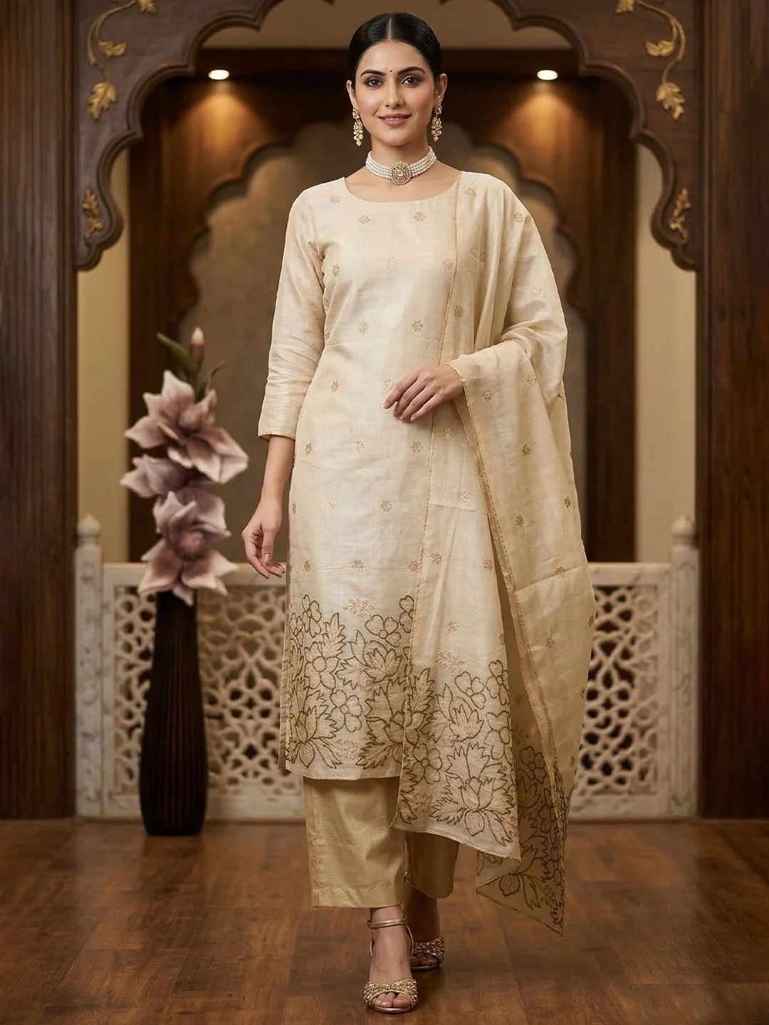 Beige & Olive Chanderi Silk Dress Material with Embroidered Details