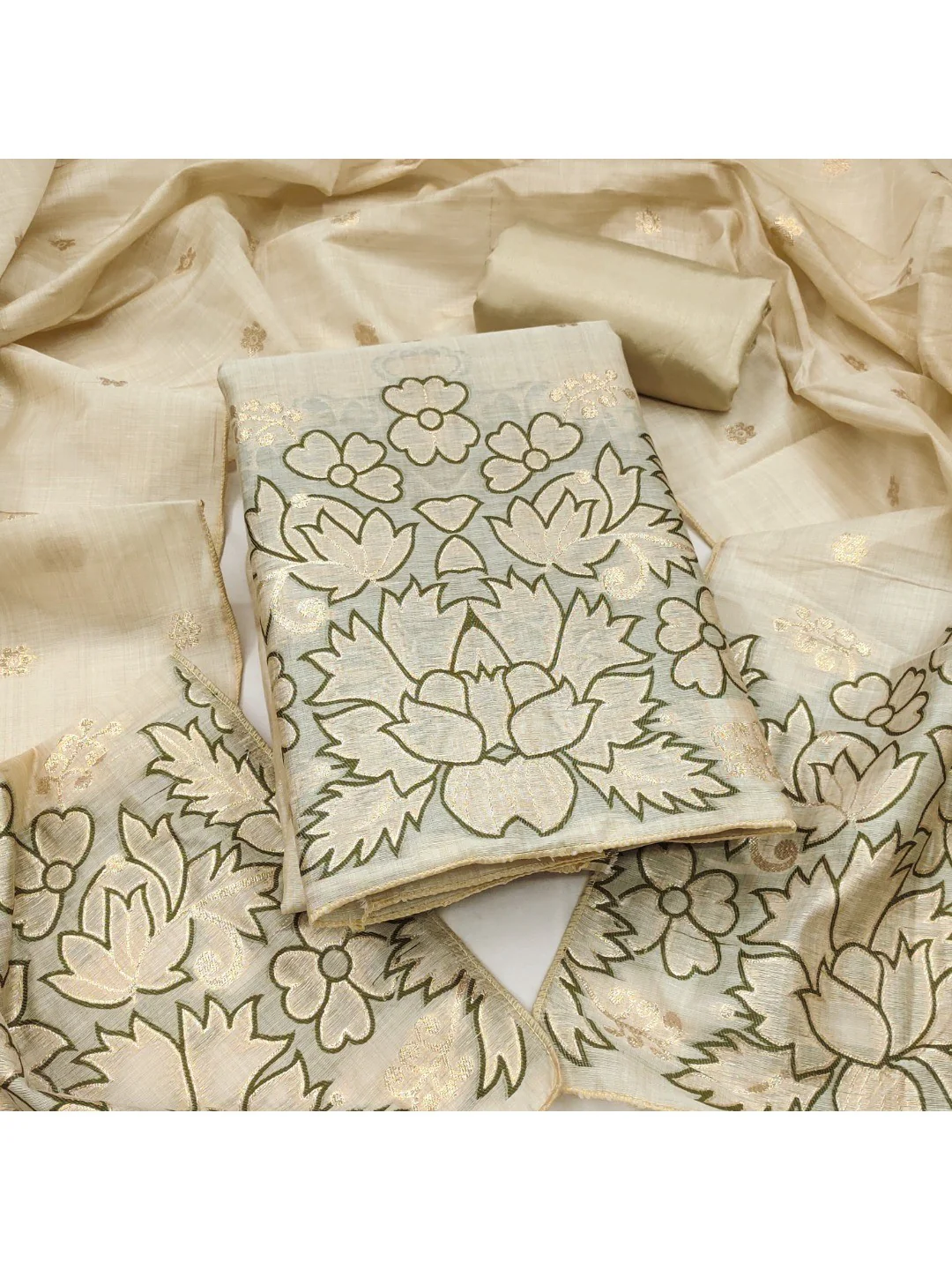 Beige & Olive Chanderi Silk Dress Material with Embroidered Details - Image 4