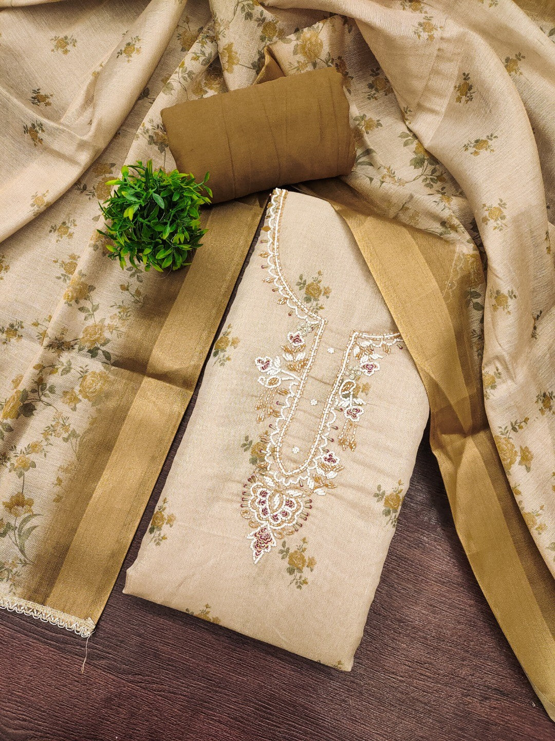 Beige & Olive Floral Printed Linen Dress Material with Embroidery - Image 3
