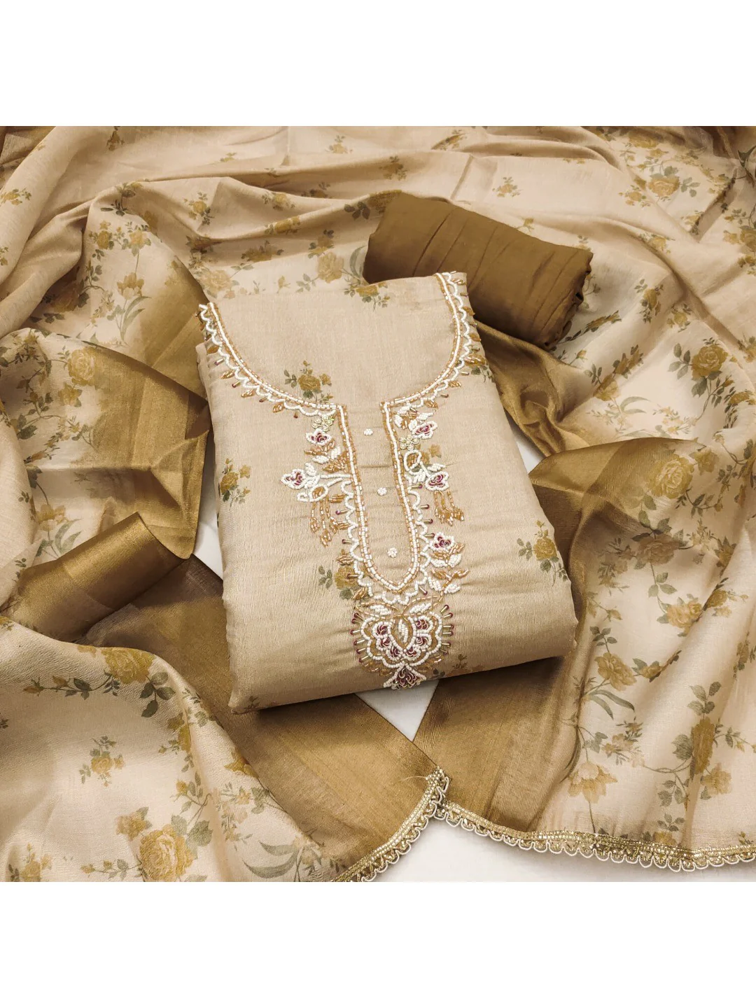 Beige & Olive Floral Printed Linen Dress Material with Embroidery - Image 4