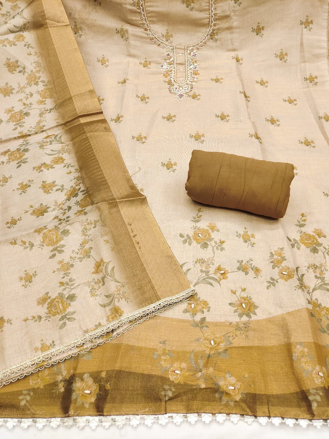 Beige & Olive Floral Printed Linen Dress Material with Embroidery - Image 5
