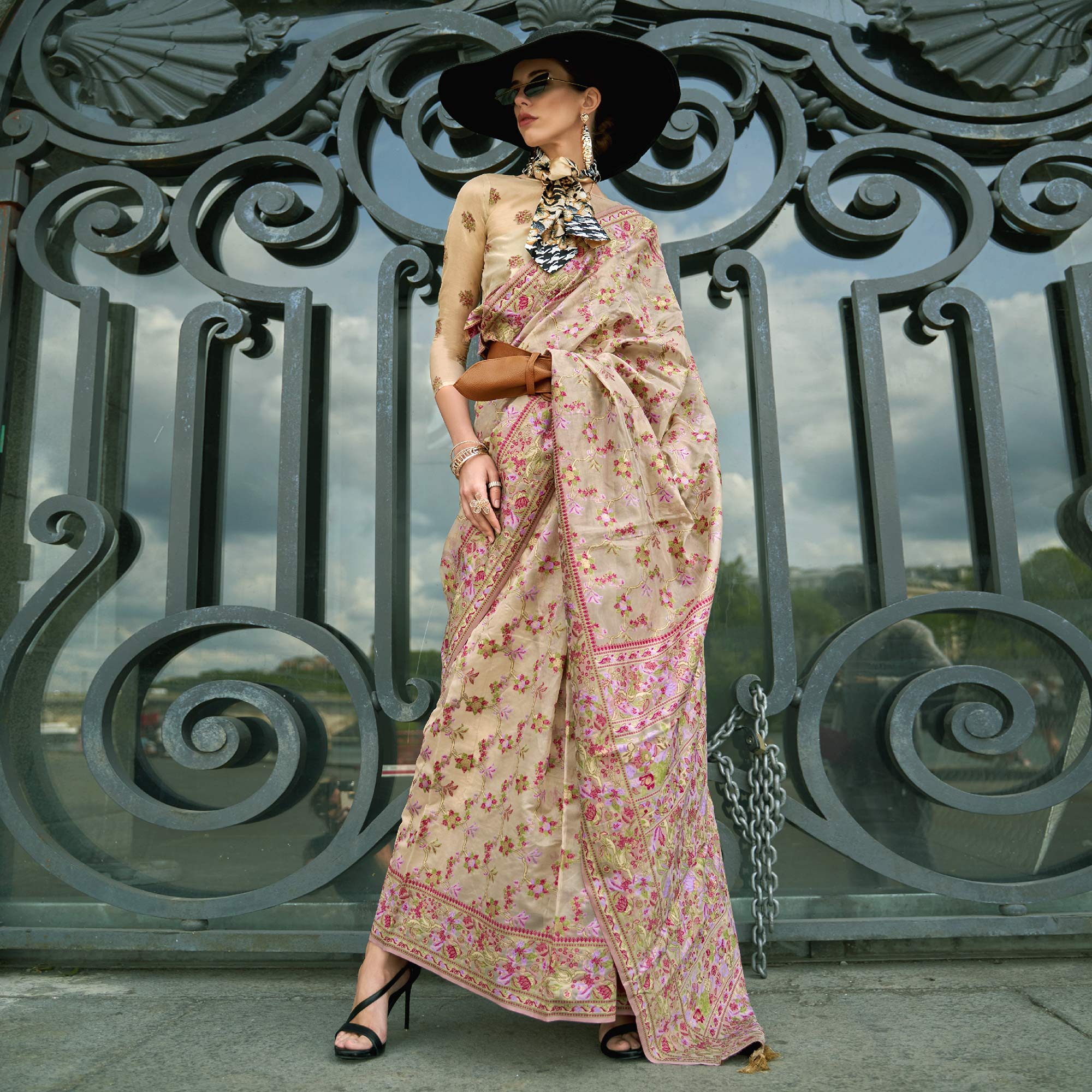 Beige Parsi Woven Organza Saree - Image 3