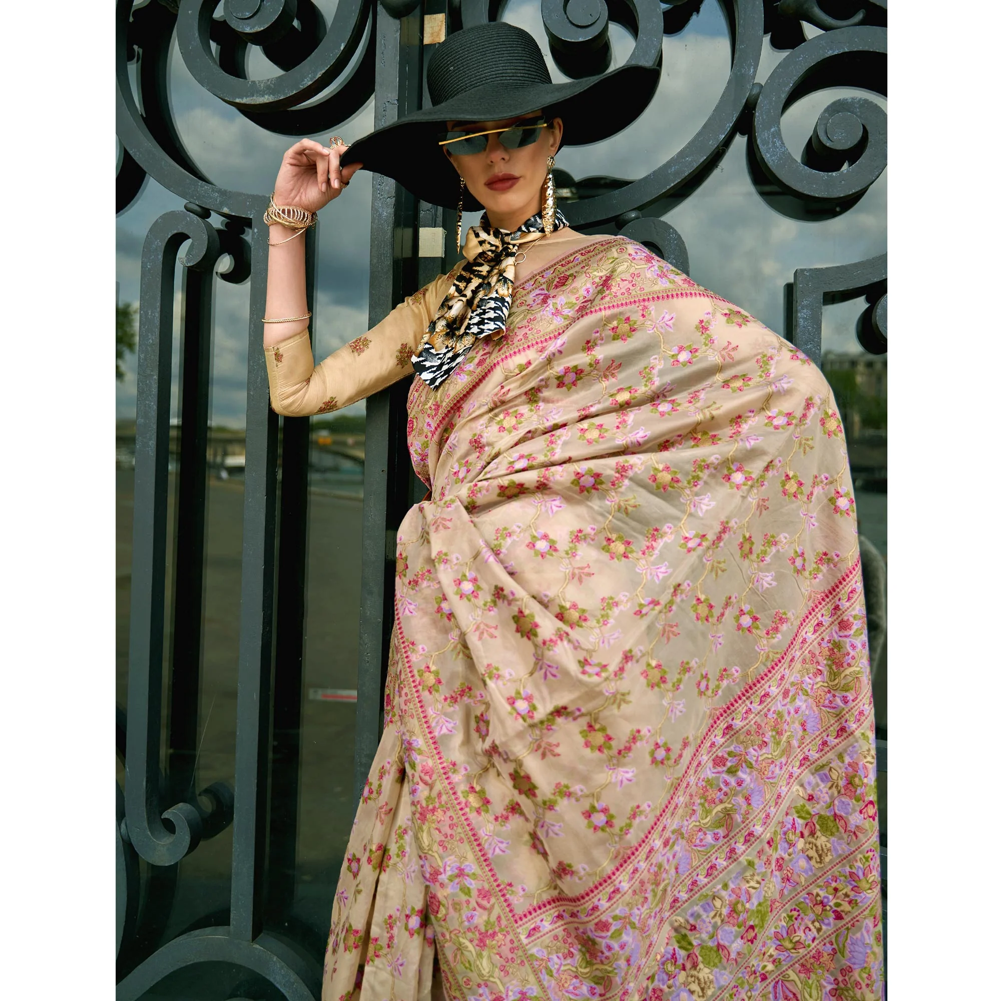 Beige Parsi Woven Organza Saree - Image 4