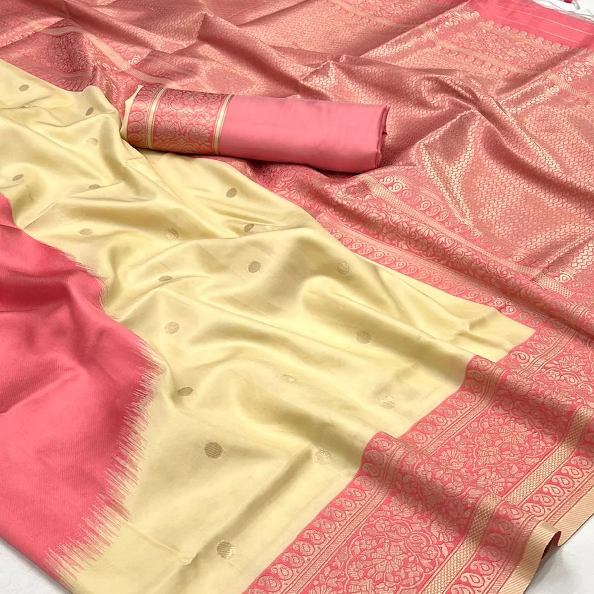 Beige & Peach Zari Butti Work Banarasi Silk Saree - Image 2