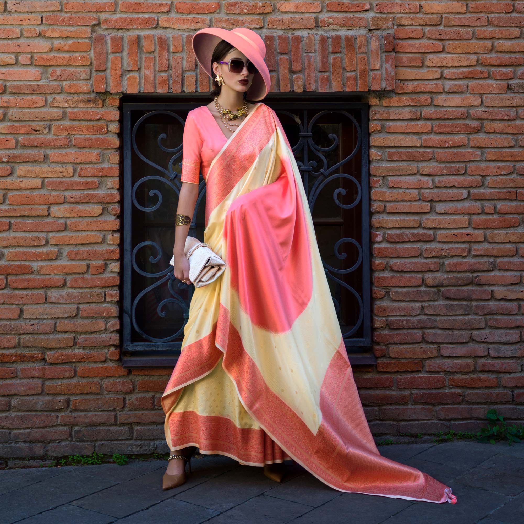 Beige & Peach Zari Butti Work Banarasi Silk Saree - Image 3