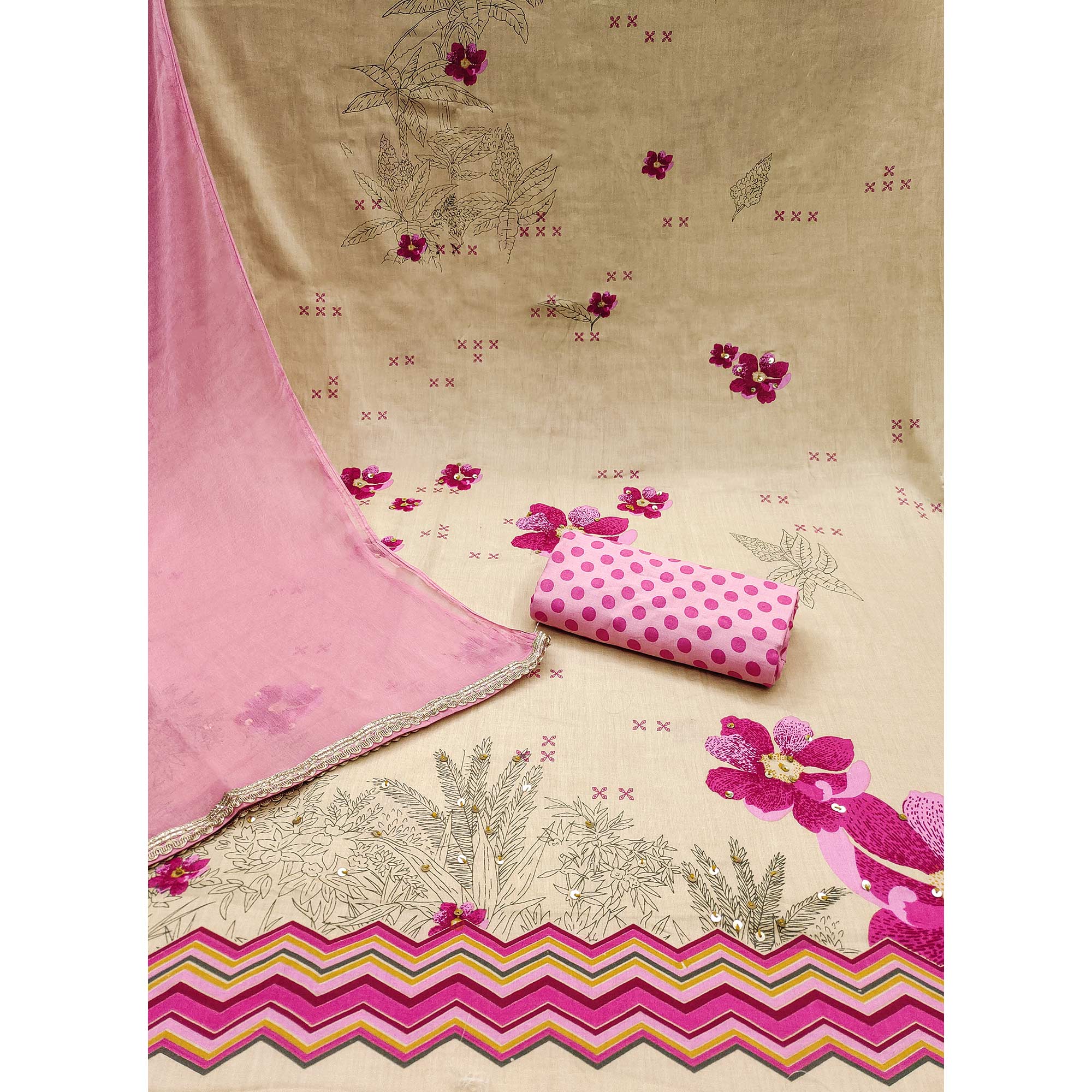 Beige & Pink Floral Printed Pure Cotton Dress Material - Image 3