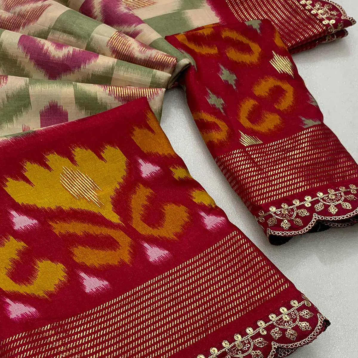 Beige & Pink Ikkat Printed Dola Silk Saree With Sequins Embroidery Border - Image 2