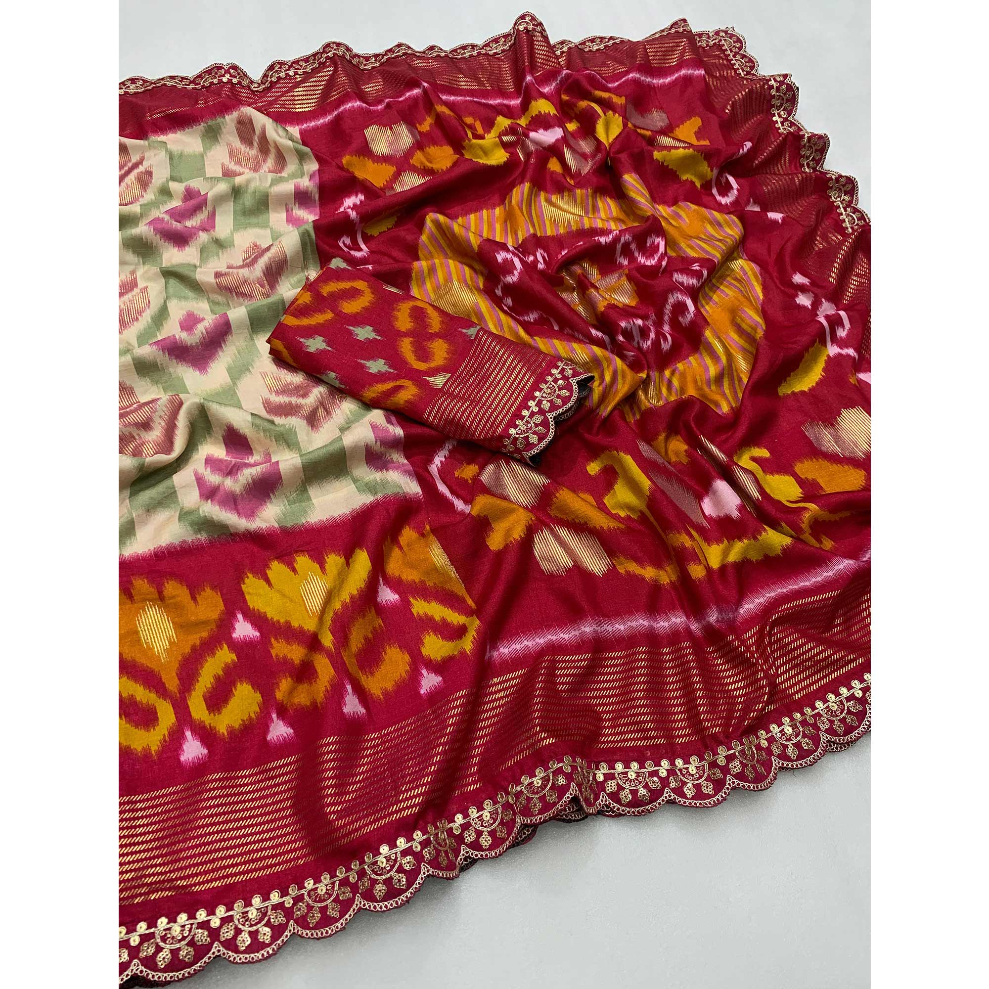 Beige & Pink Ikkat Printed Dola Silk Saree With Sequins Embroidery Border - Image 3