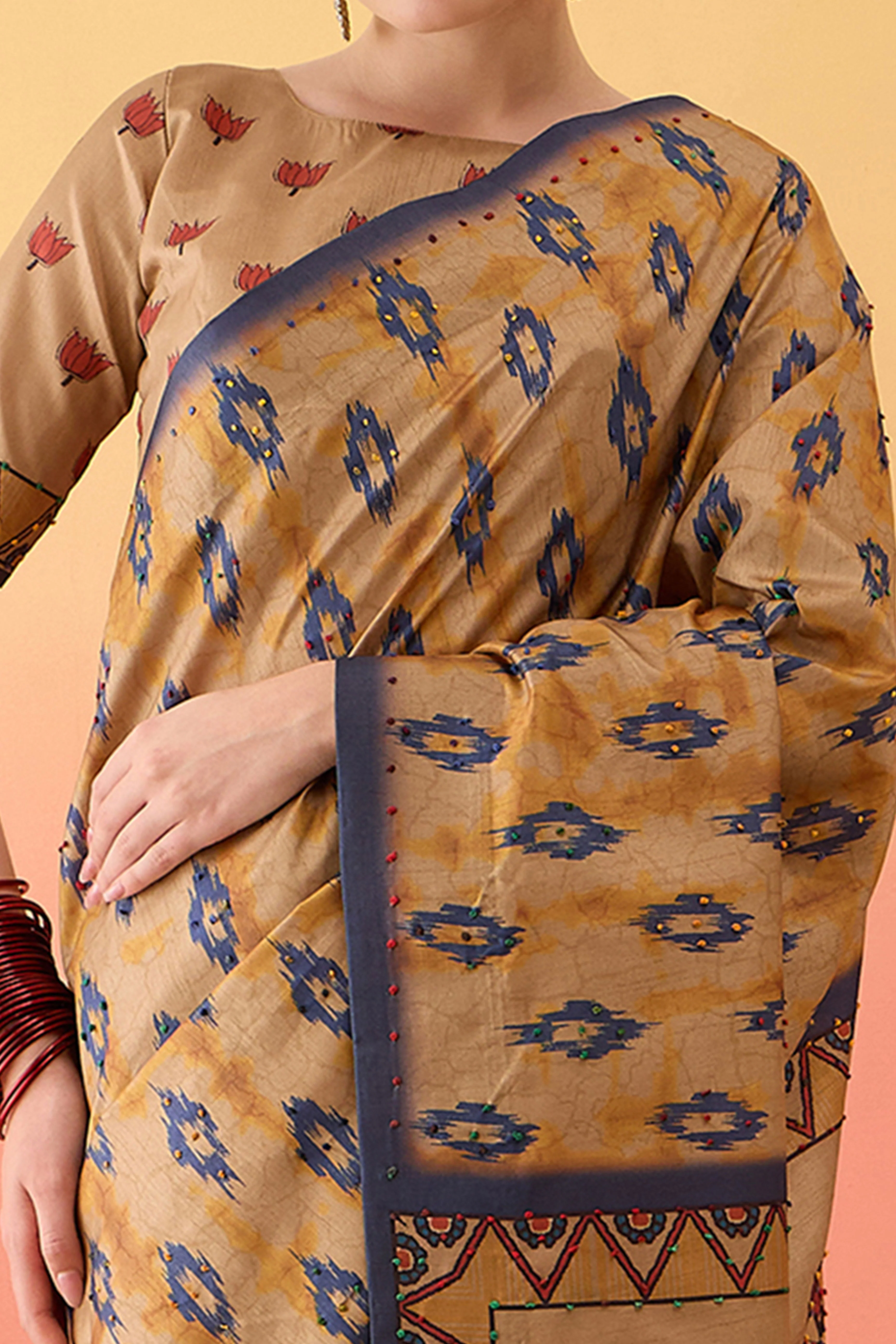 Beige Printed Kalamkari Cotton Silk Saree Exquisite Knot Work Detailing Ethnic Charm - Image 2