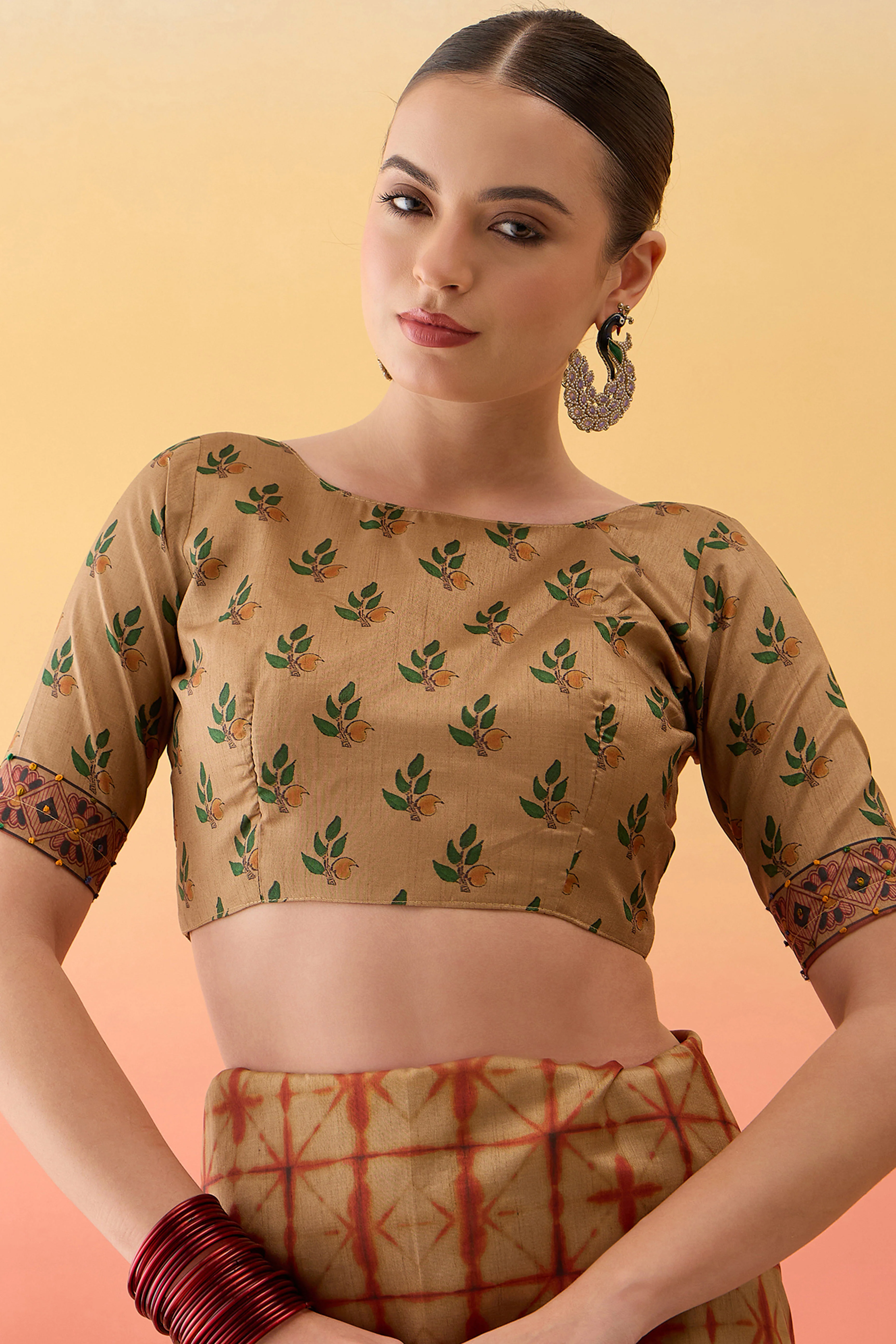 Beige Printed Kalamkari Cotton Silk Saree Flowy Drape Knot Detailing Traditional Grace - Image 9
