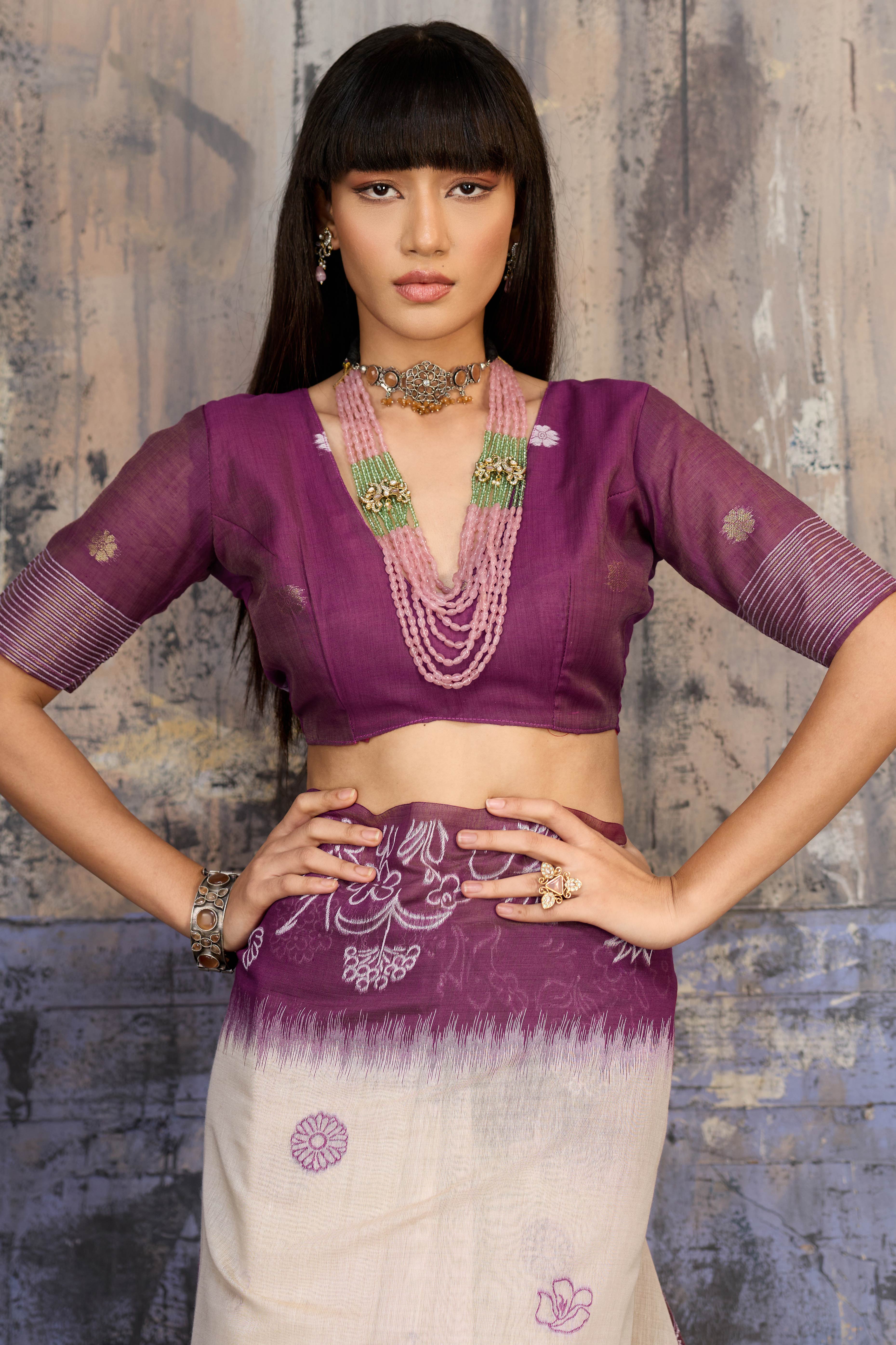 Beige & Purple Classic Munga Cotton Blend Saree with Intricate Floral Woven Detailing - Image 7