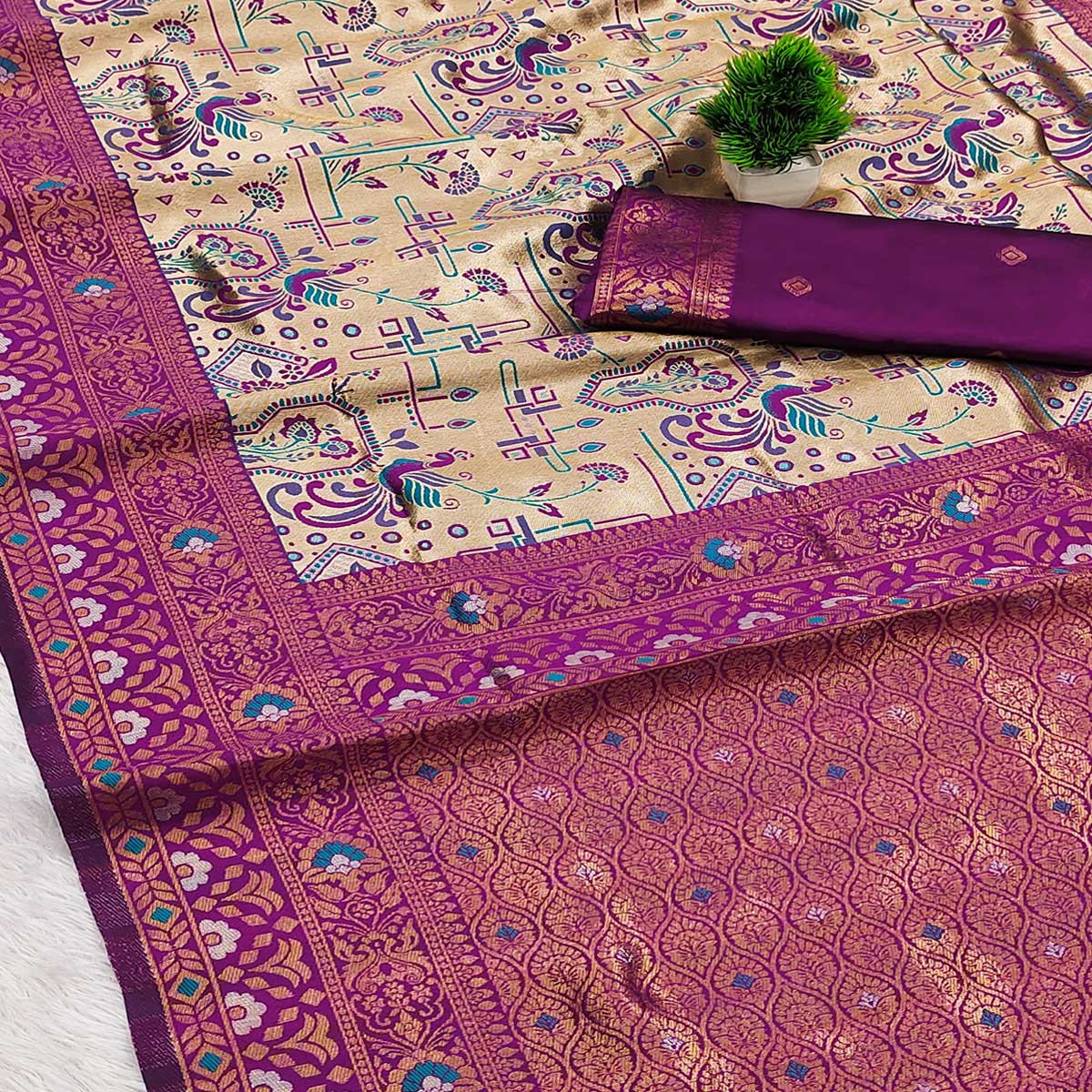 Beige & Purple Handloom Kanjivaram Silk Saree Featuring Kalamkari-Style Floral Weaves - Image 2