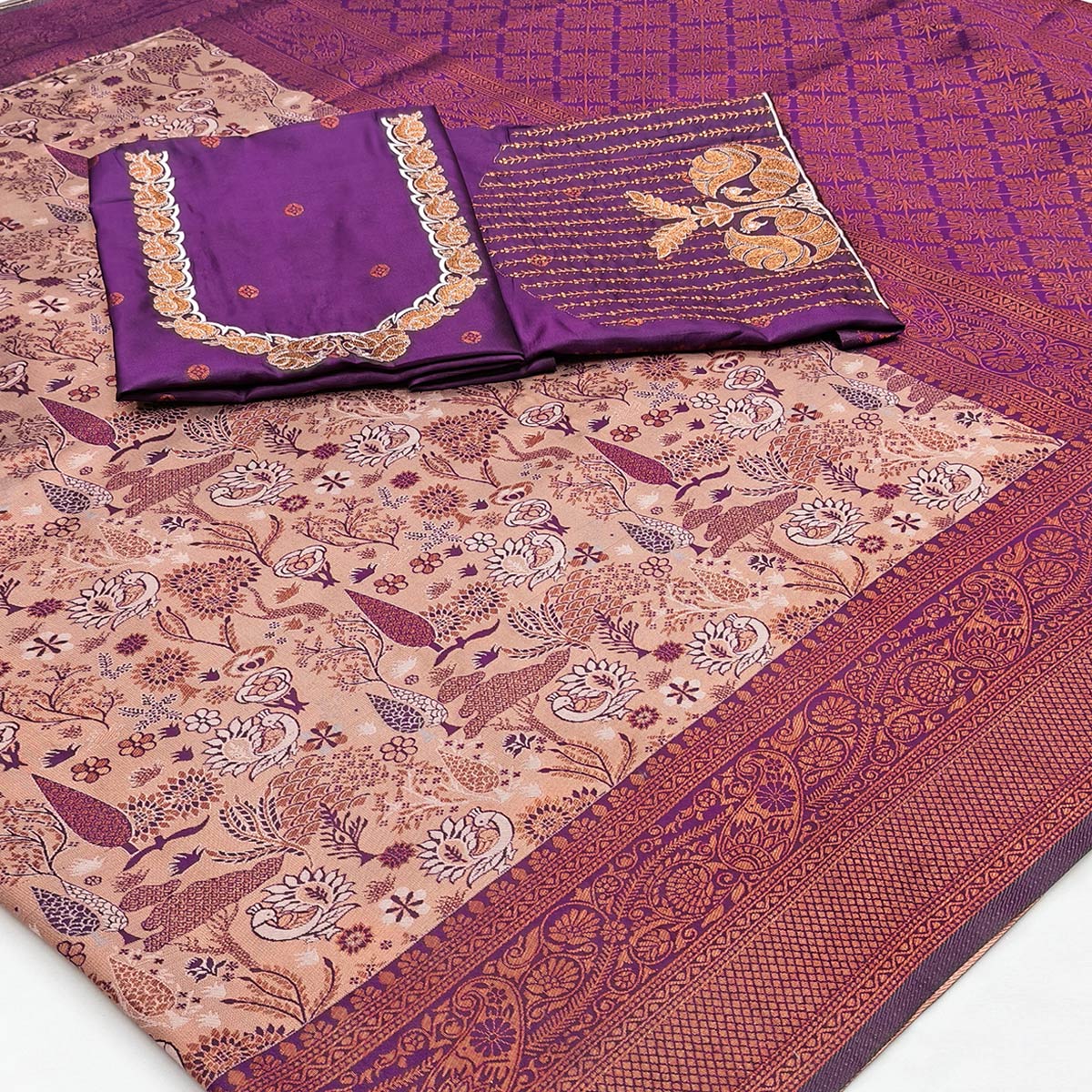 Beige & Purple Handwoven Tissue Silk Saree Showcasing Refined Zari Patterns and Timeless Elegance - Image 2