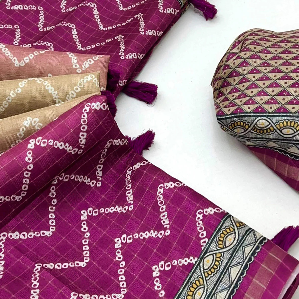 Beige & Purple Maheshwari Cotton Silk Saree with Zig-Zag Pattern - Image 2