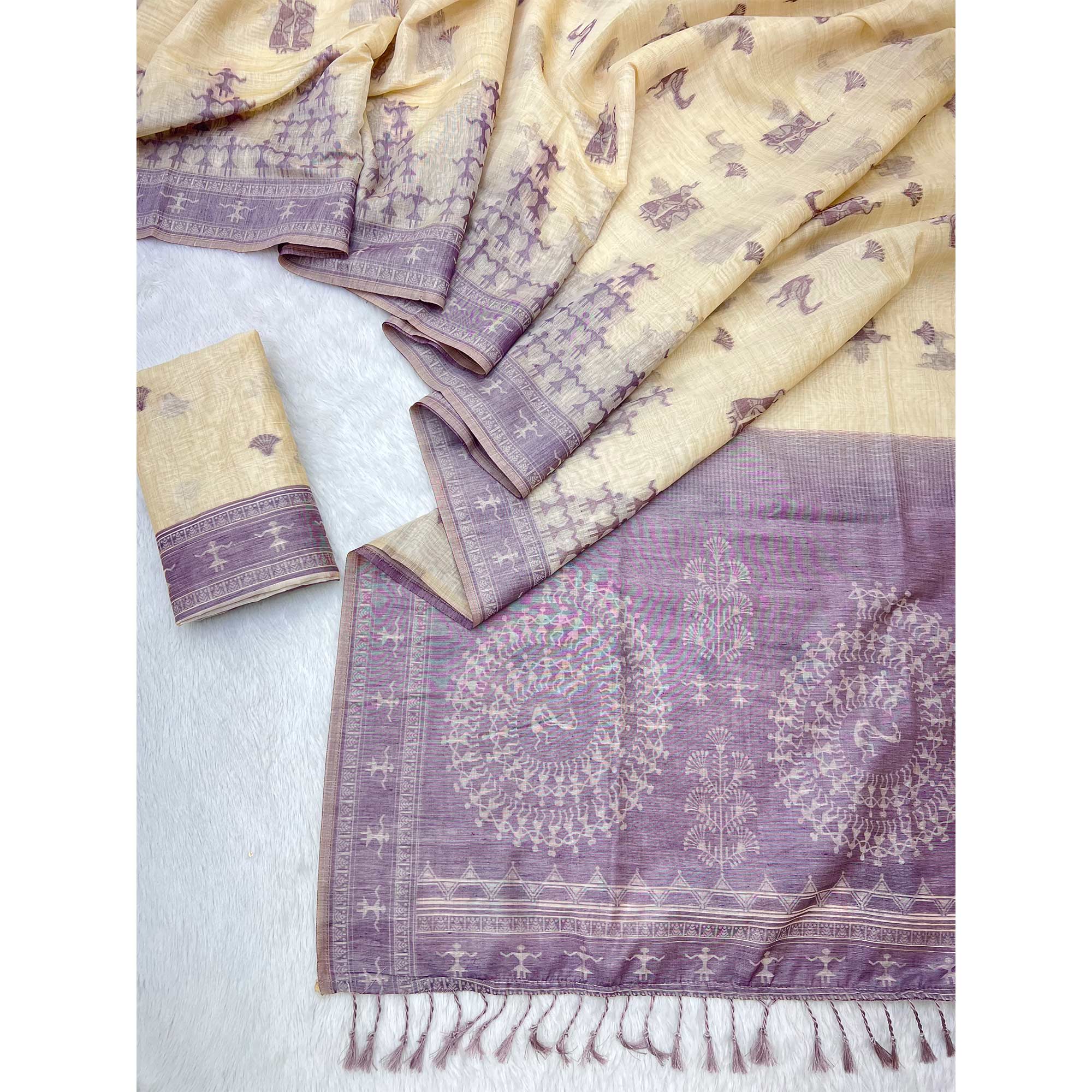 Beige & Purple Meenakari Crafted Soft Muga Cotton Saree Designed for Elegant Festive Style - Image 2
