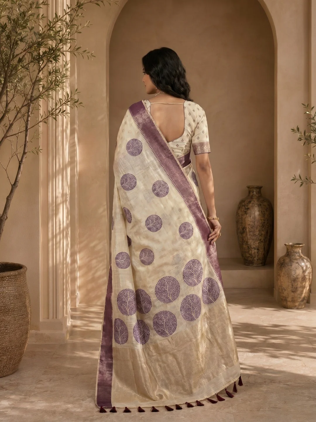 Beige & Purple Meenakari Crafted Soft Muga Cotton Saree Designed for Elegant Festive Styling - Image 2