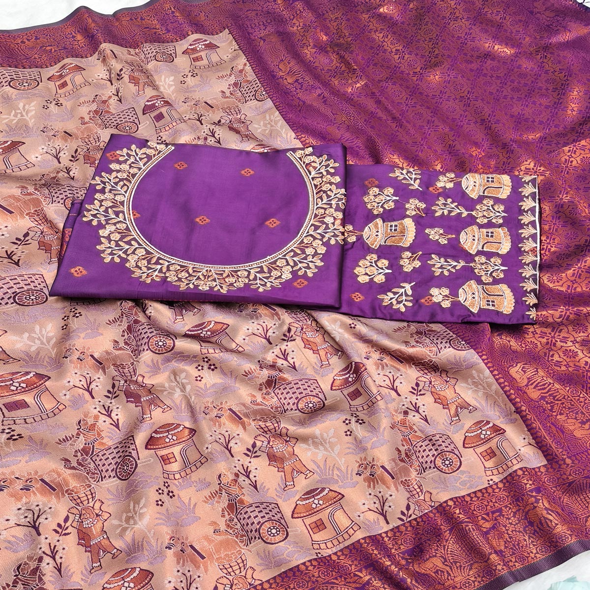 Beige & Purple Tissue Silk Saree Adorned with Intricate Zari Weaving for a Rich Festive Look - Image 2
