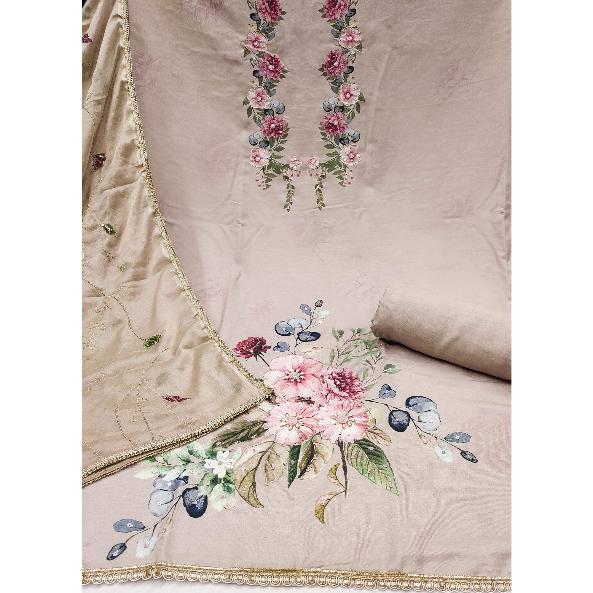Beige Rayon Fabric with Floral Print Dress Material - Image 4