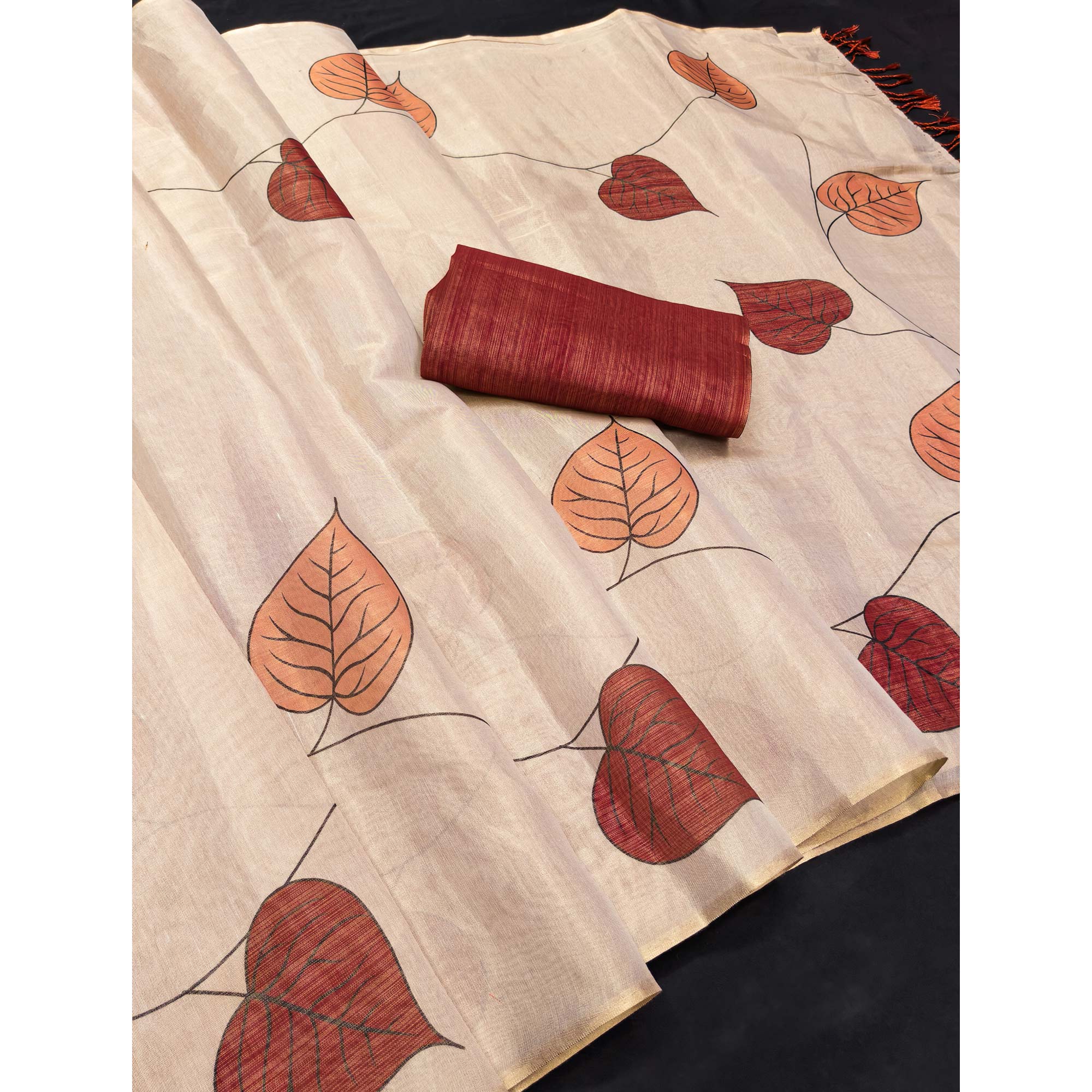 Beige & Rust Saree in Art Silk Featuring Leafy Print & Tassels - Image 3