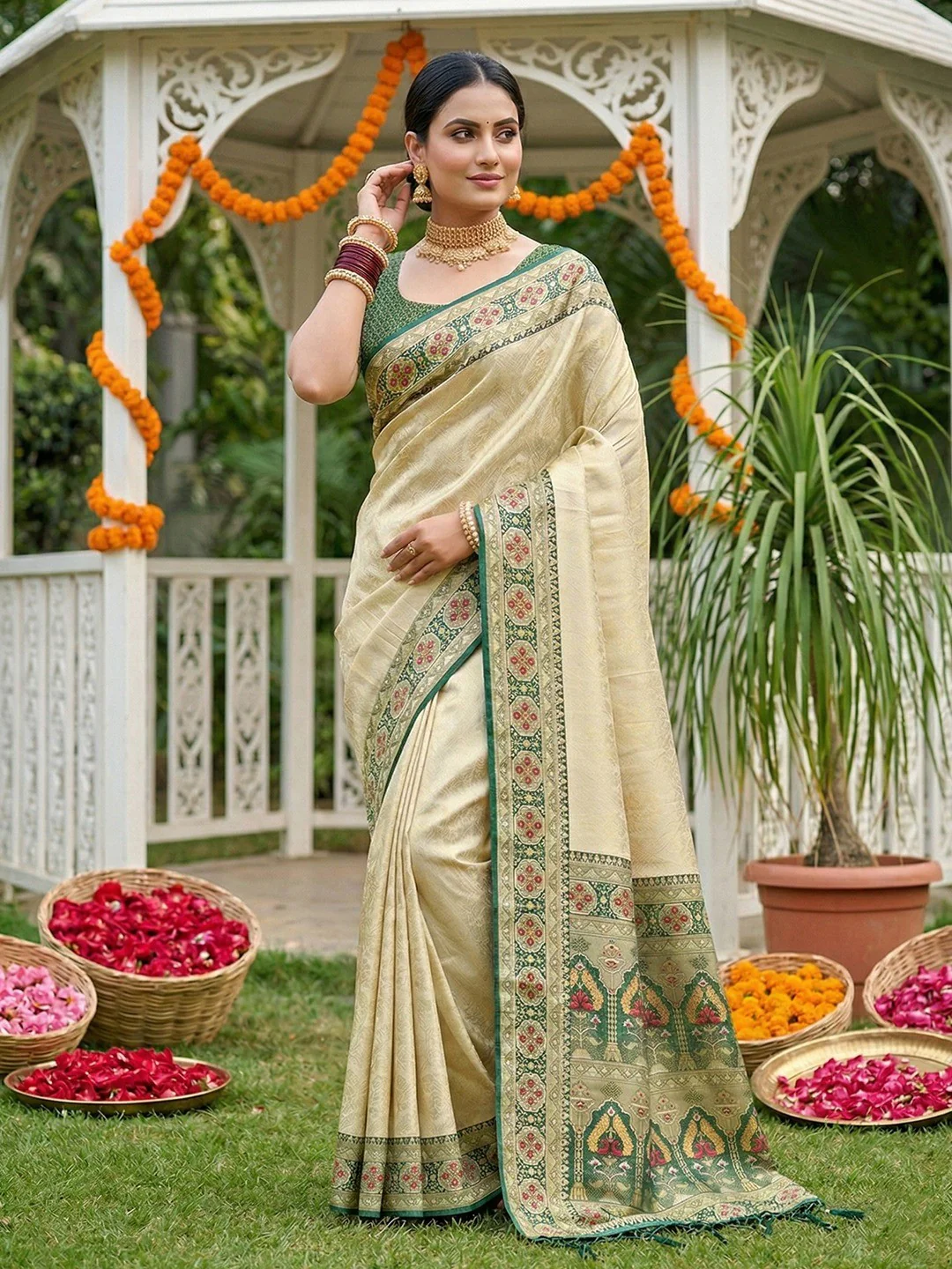 Beige Silk Blend Saree with Rich Green Border for Ethnic Look
