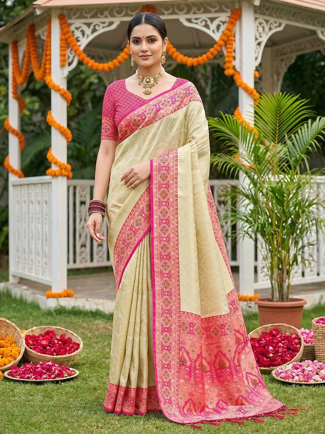 Beige Silk Blend Woven Saree with Rich Pink Border for Ethnic Look