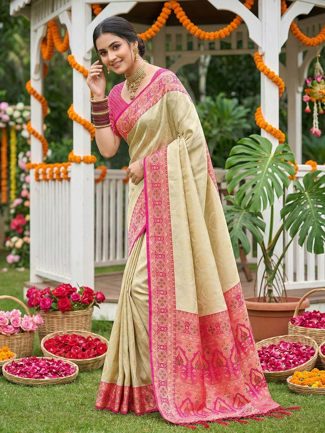 Beige Silk Blend Woven Saree with Rich Pink Border for Ethnic Look - Image 3