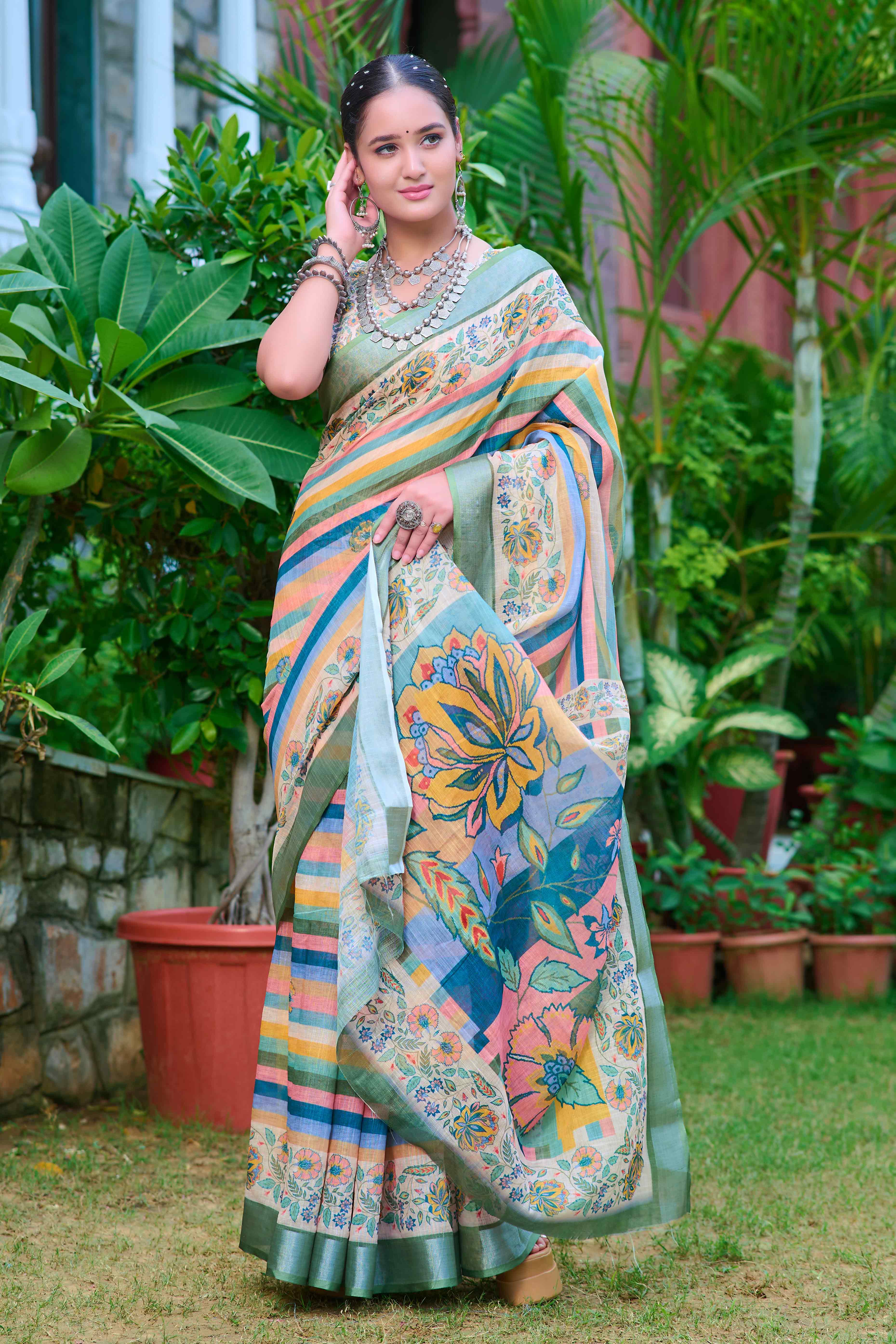 Beige Striped Printed Linen Saree - Image 3