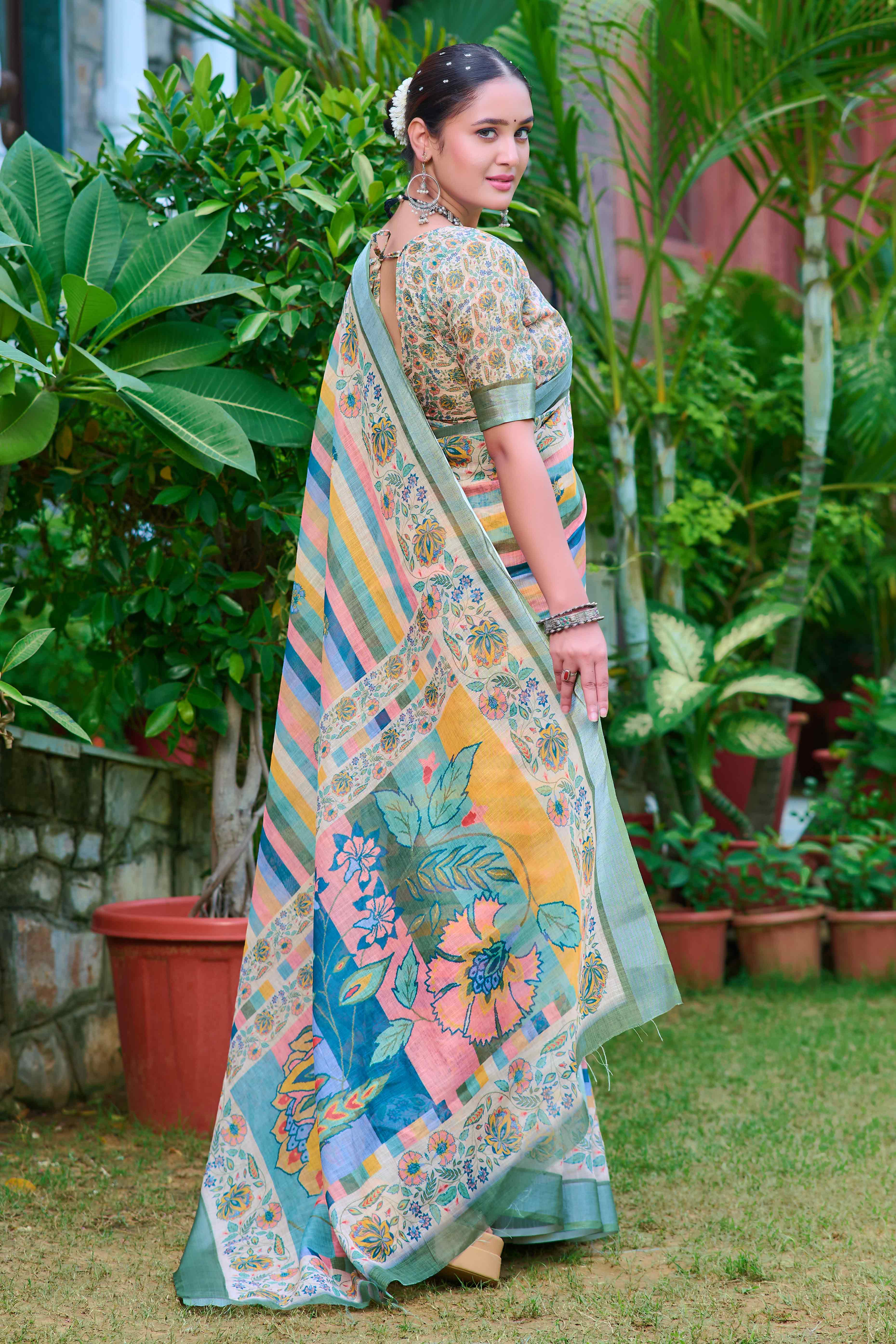 Beige Striped Printed Linen Saree - Image 6