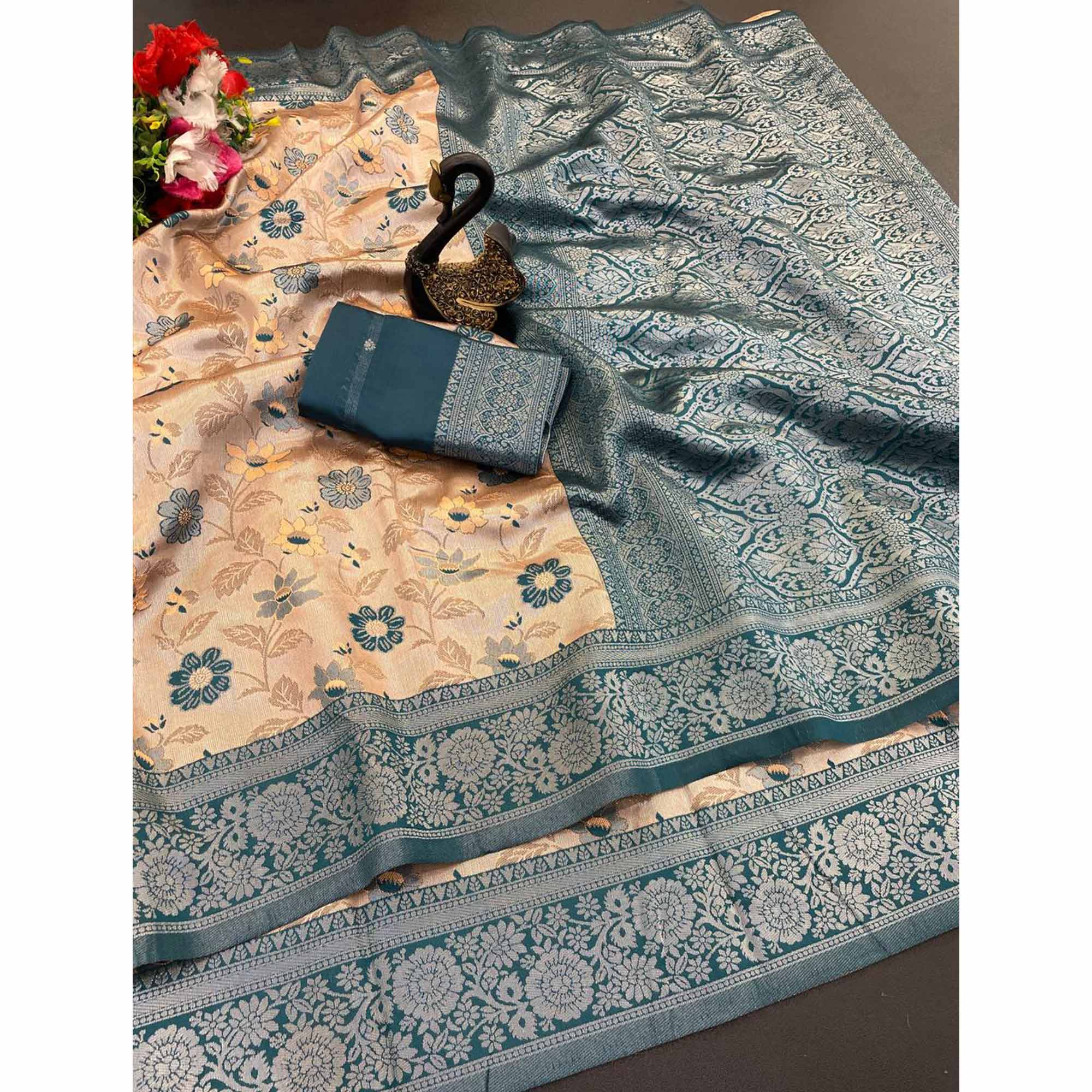 Beige & Teal Designer Tissue Saree with Zari Weaving - Image 3