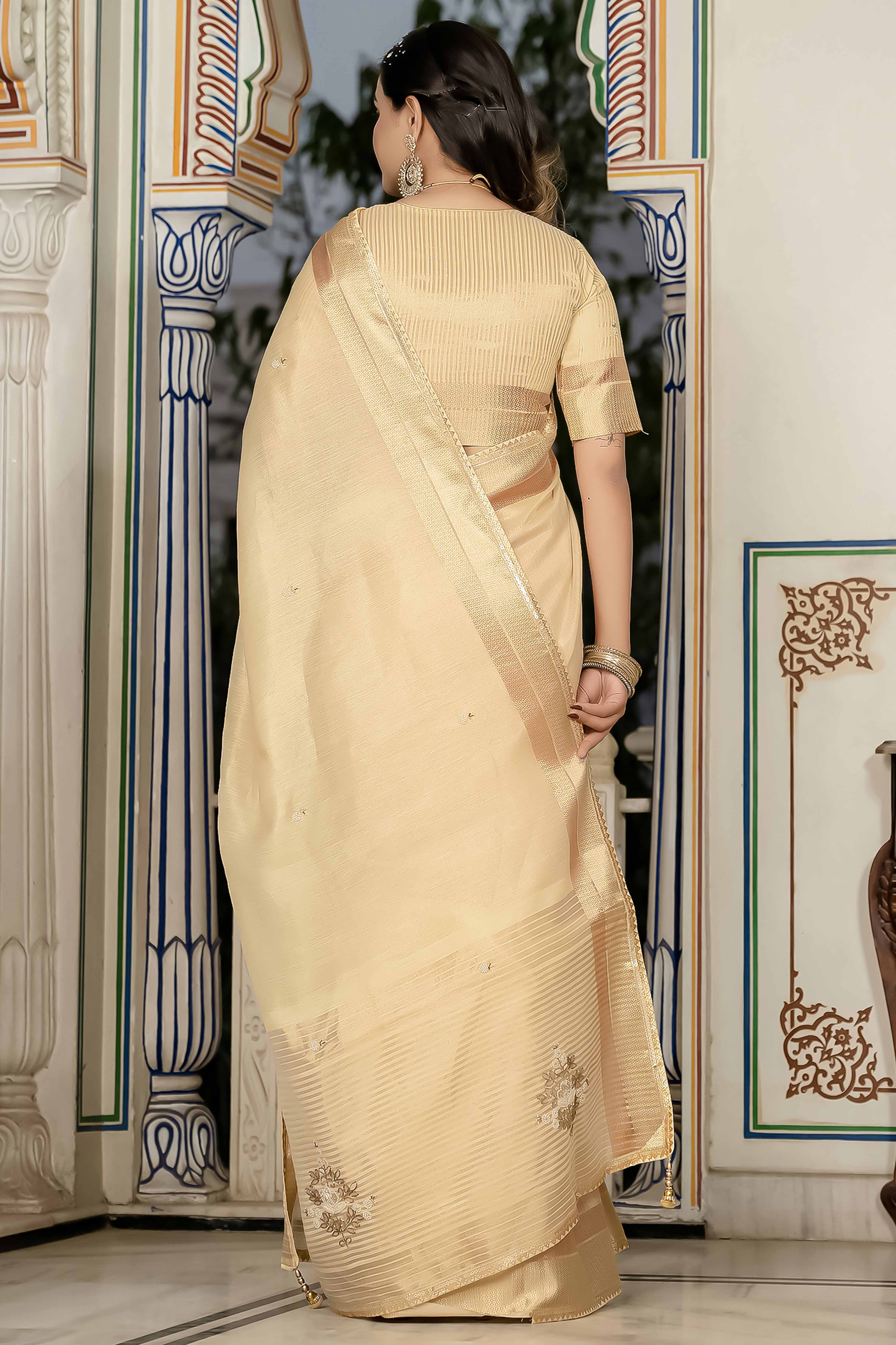 Beige Tissue Linen Saree Featuring Intricate Zari and Beadwork - Image 4