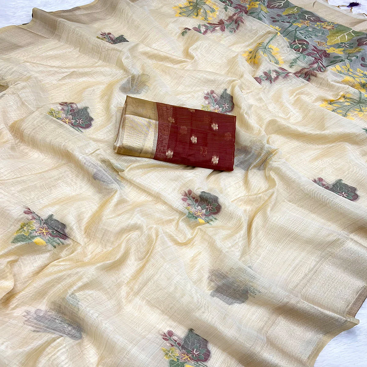 Beige Traditional Soft Muga Cotton Saree Elevated with Rich Meenakari Weaving Detailing - Image 2