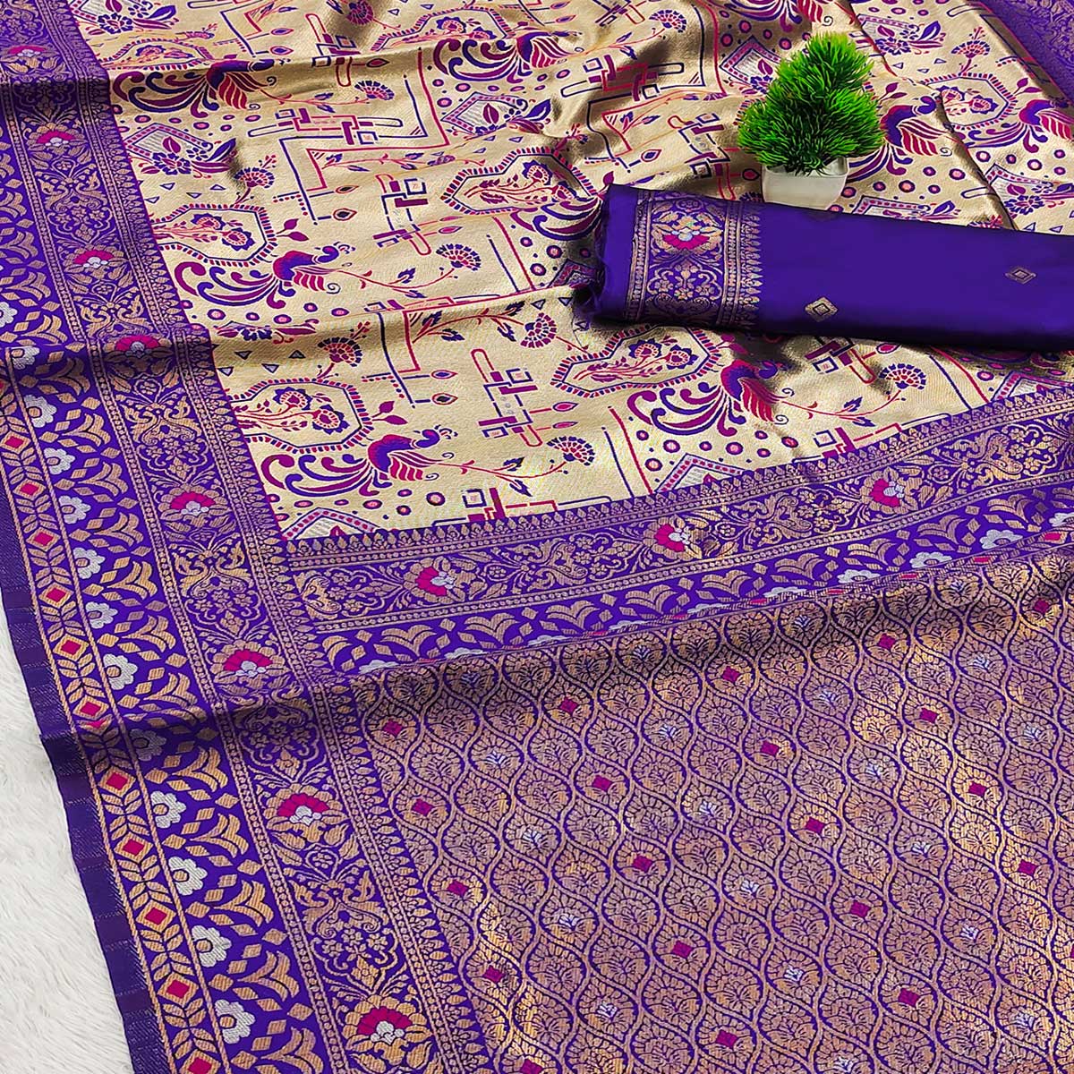 Beige & Violet Handloom Kanjivaram Silk Saree Featuring Kalamkari-Style Floral Weaves - Image 2