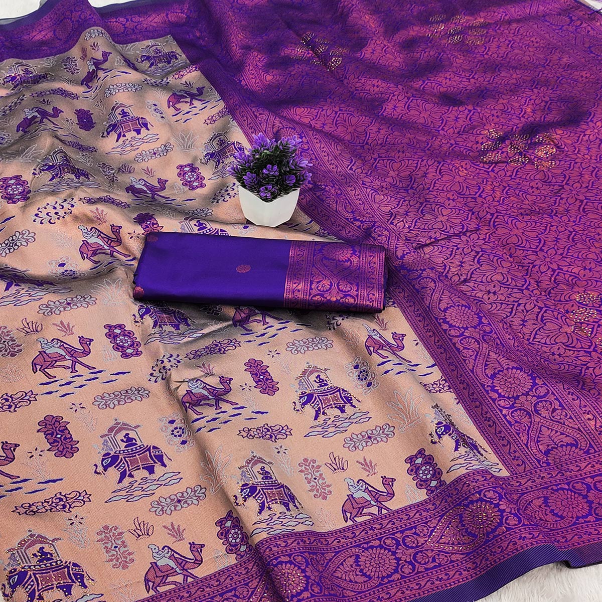 Beige & Violet Lightweight Tissue Silk Saree Highlighted with Artistic Weaving & Swarovski Sparkle - Image 2