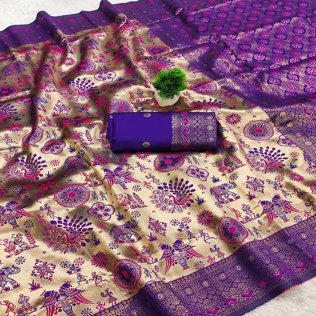 Beige & Violet Pure Kanjivaram Silk Saree Adorned with Meenakari Floral Weaving - Image 2
