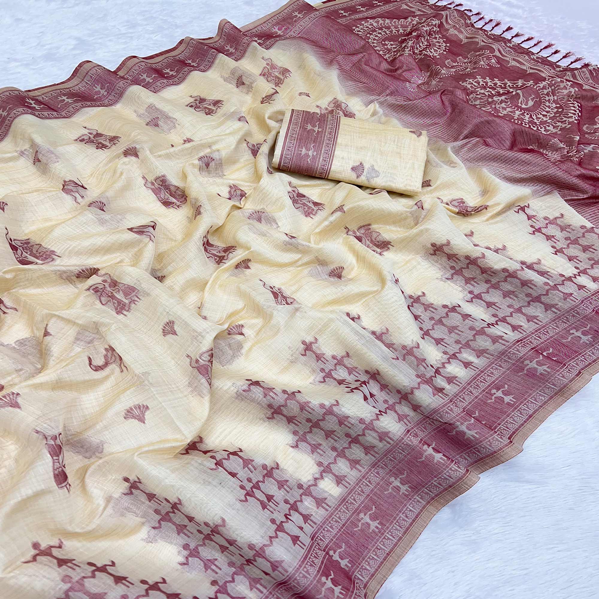 Beige & Wine Meenakari Crafted Soft Muga Cotton Saree Designed for Elegant Festive Styling - Image 4